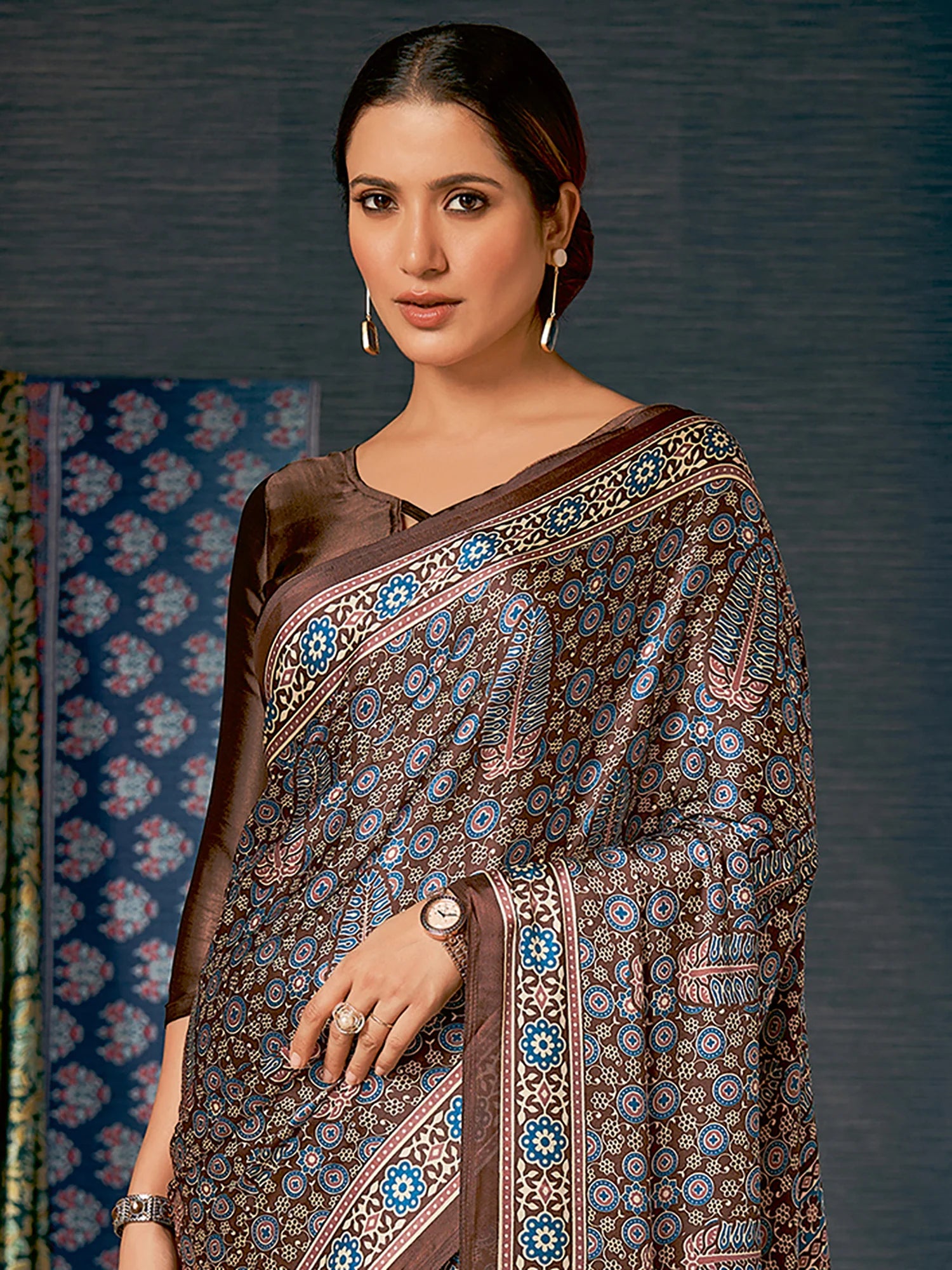 Buy MySilkLove Coco Brown Digital Printed Ajrakh Satin Crepe Saree Online