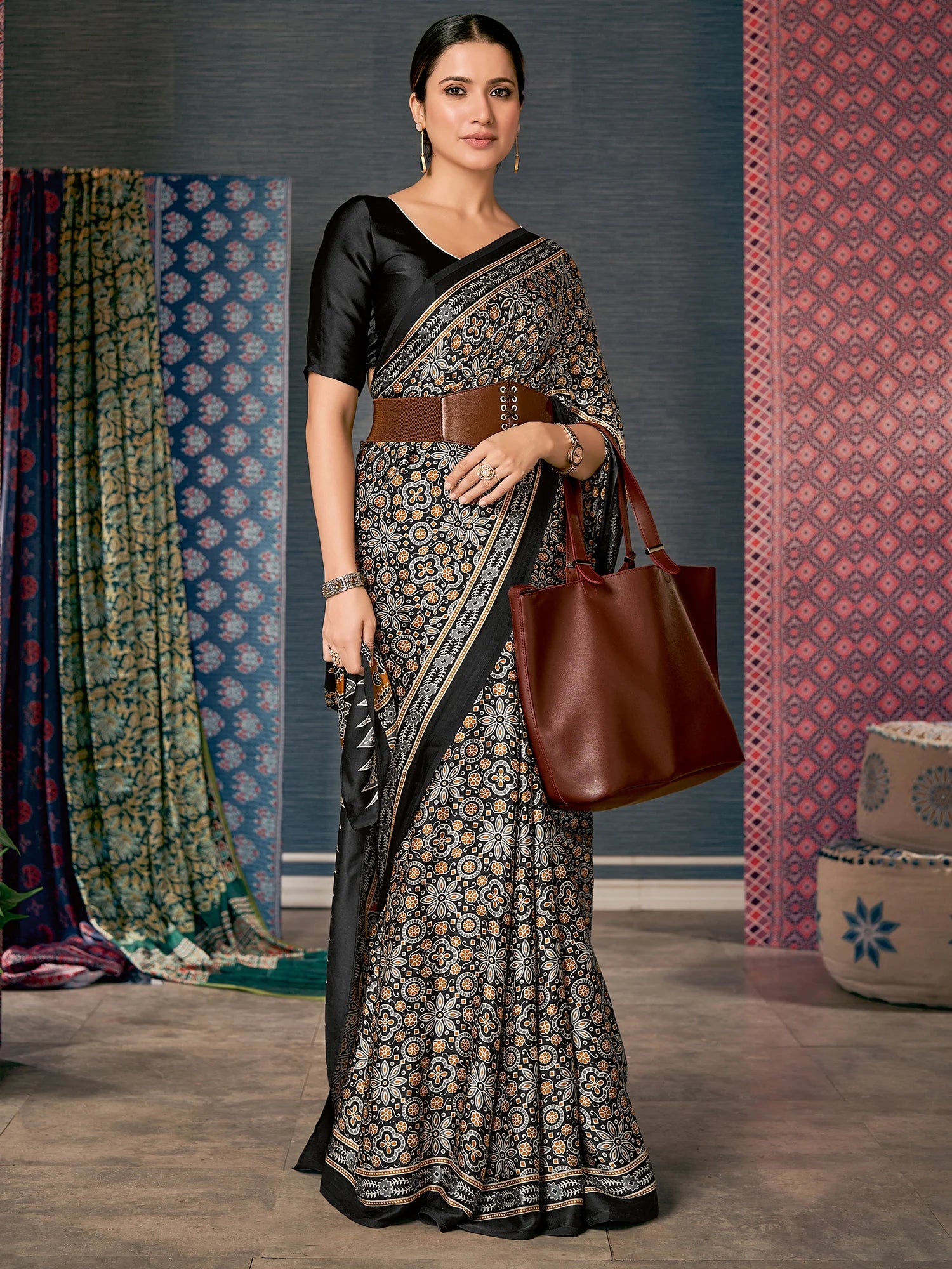 Buy MySilkLove Tuna Black Digital Printed Ajrakh Satin Crepe Saree Online