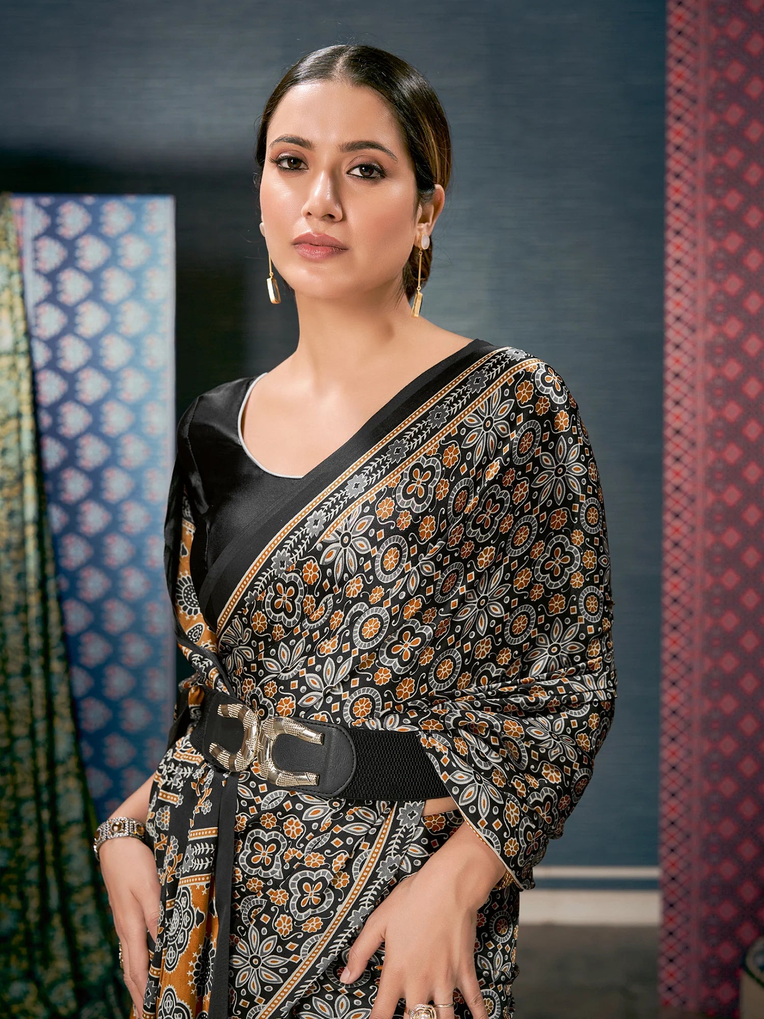 Buy MySilkLove Tuna Black Digital Printed Ajrakh Satin Crepe Saree Online