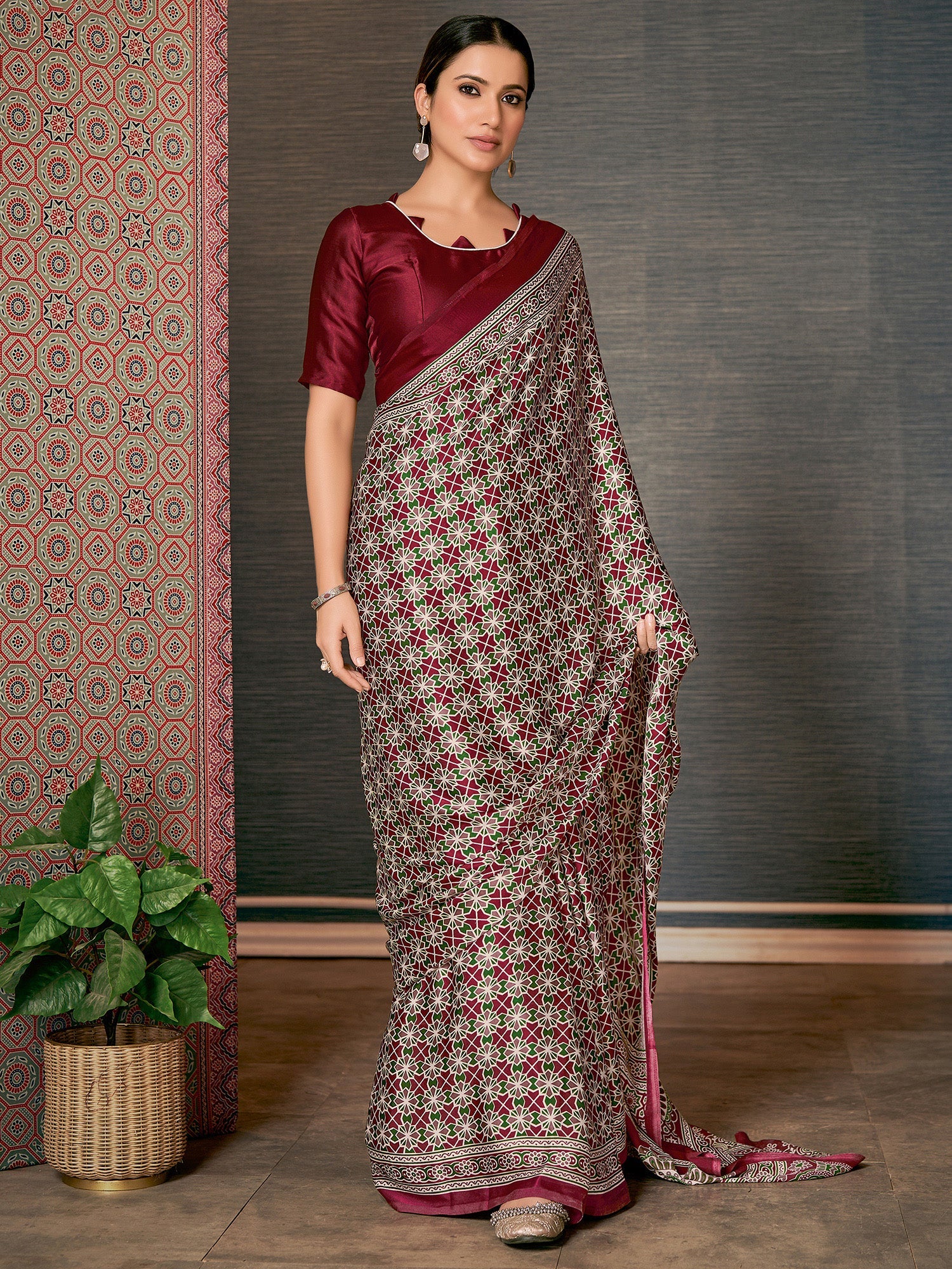 Buy MySilkLove Dark Tan Maroon Digital Printed Ajrakh Satin Crepe Saree Online