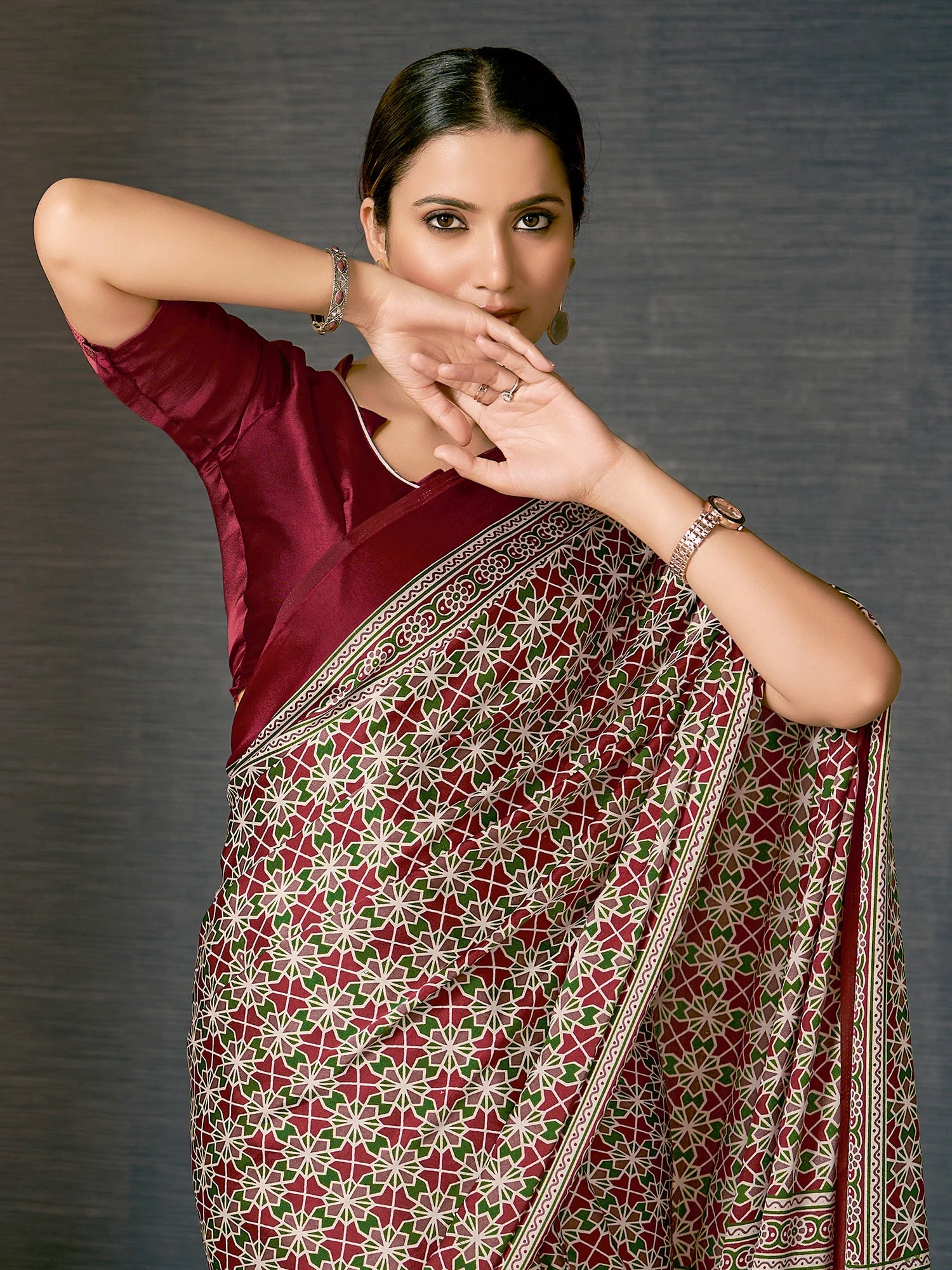 MySilkLove Dark Tan Maroon Digital Printed Ajrakh Satin Crepe Saree