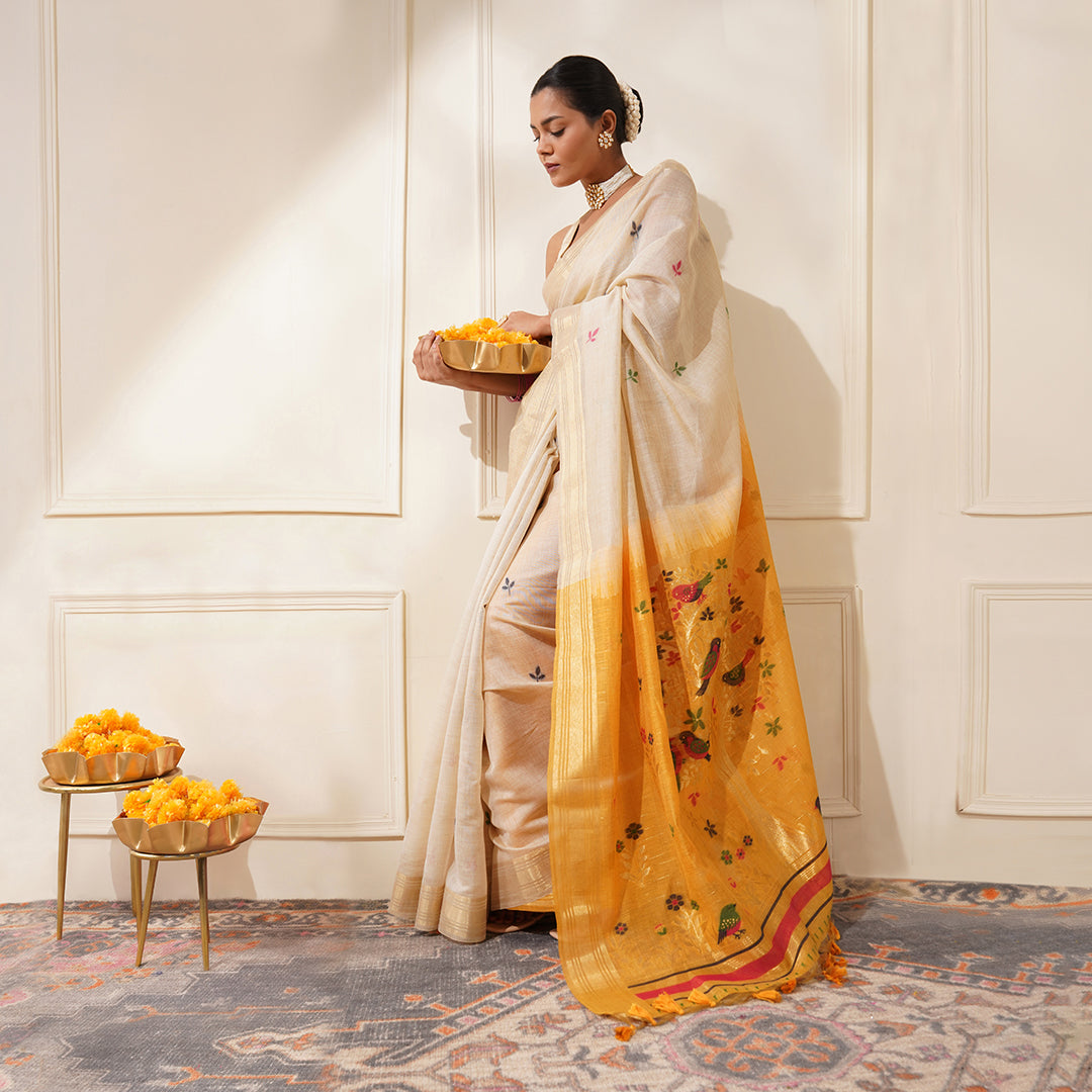 Buy MySilkLove Vanila Cream and Yellow Woven Muga Cotton Saree Online