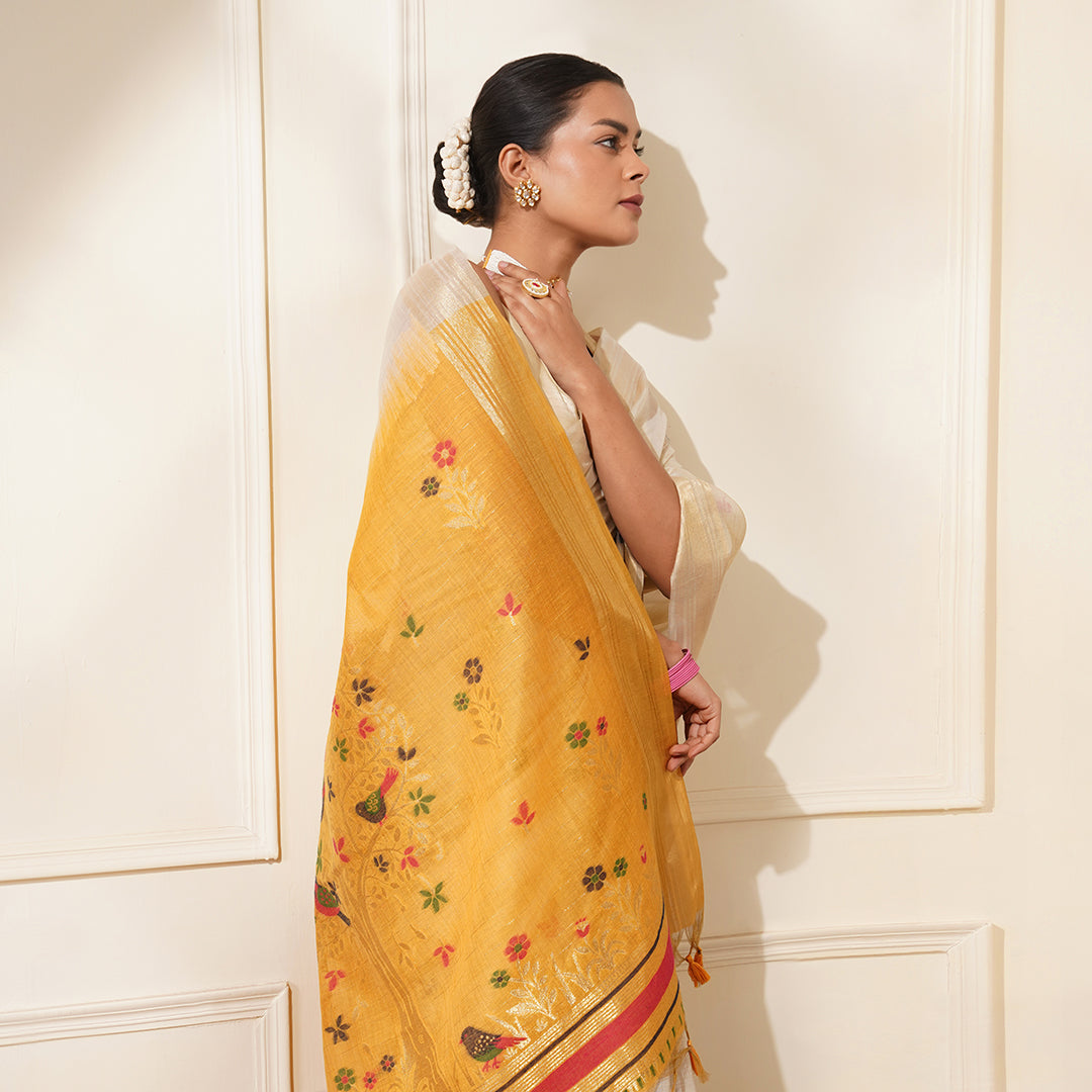 Buy MySilkLove Vanila Cream and Yellow Woven Muga Cotton Saree Online