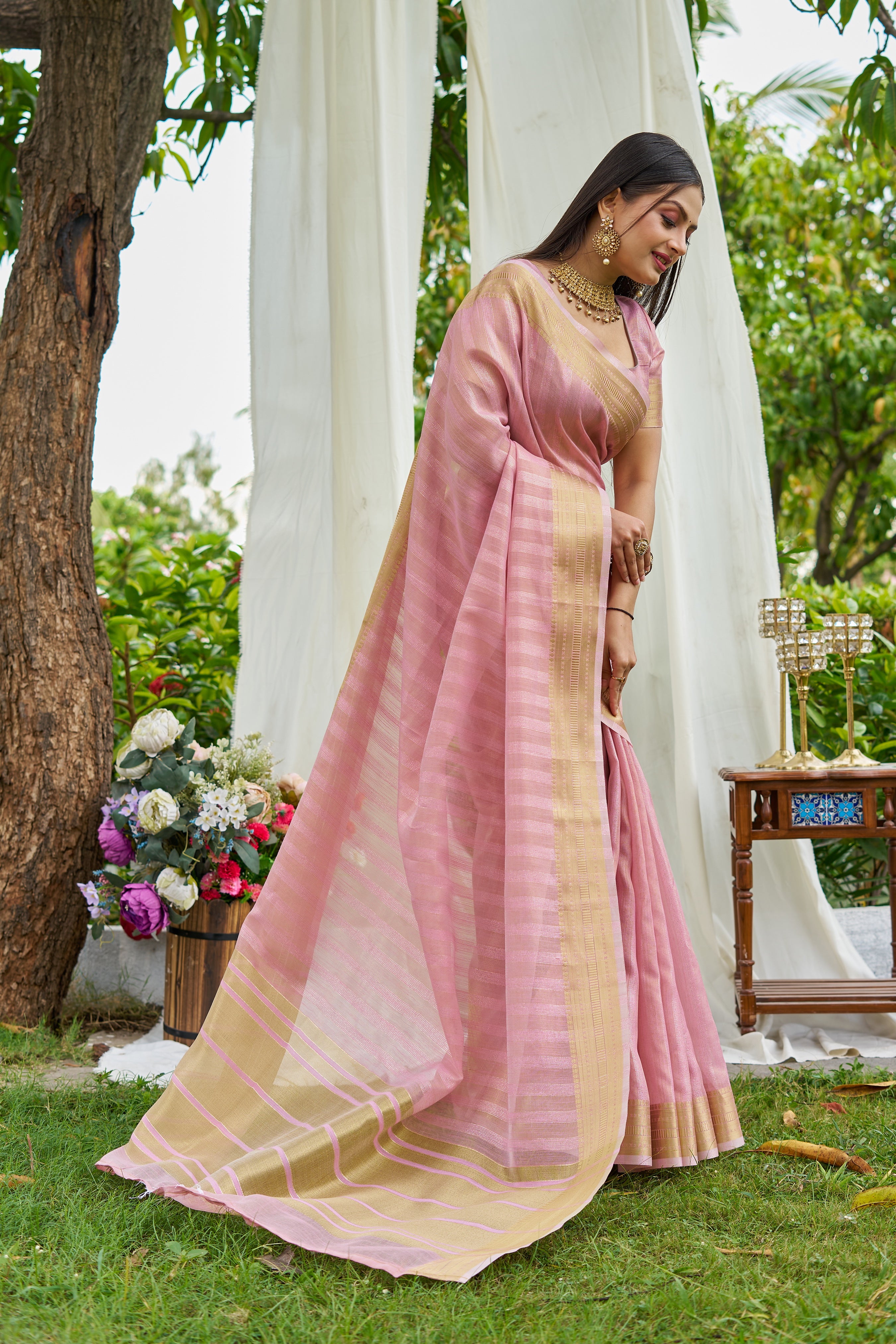 Buy MySilkLove Baby Pink Woven Tissue Saree Online