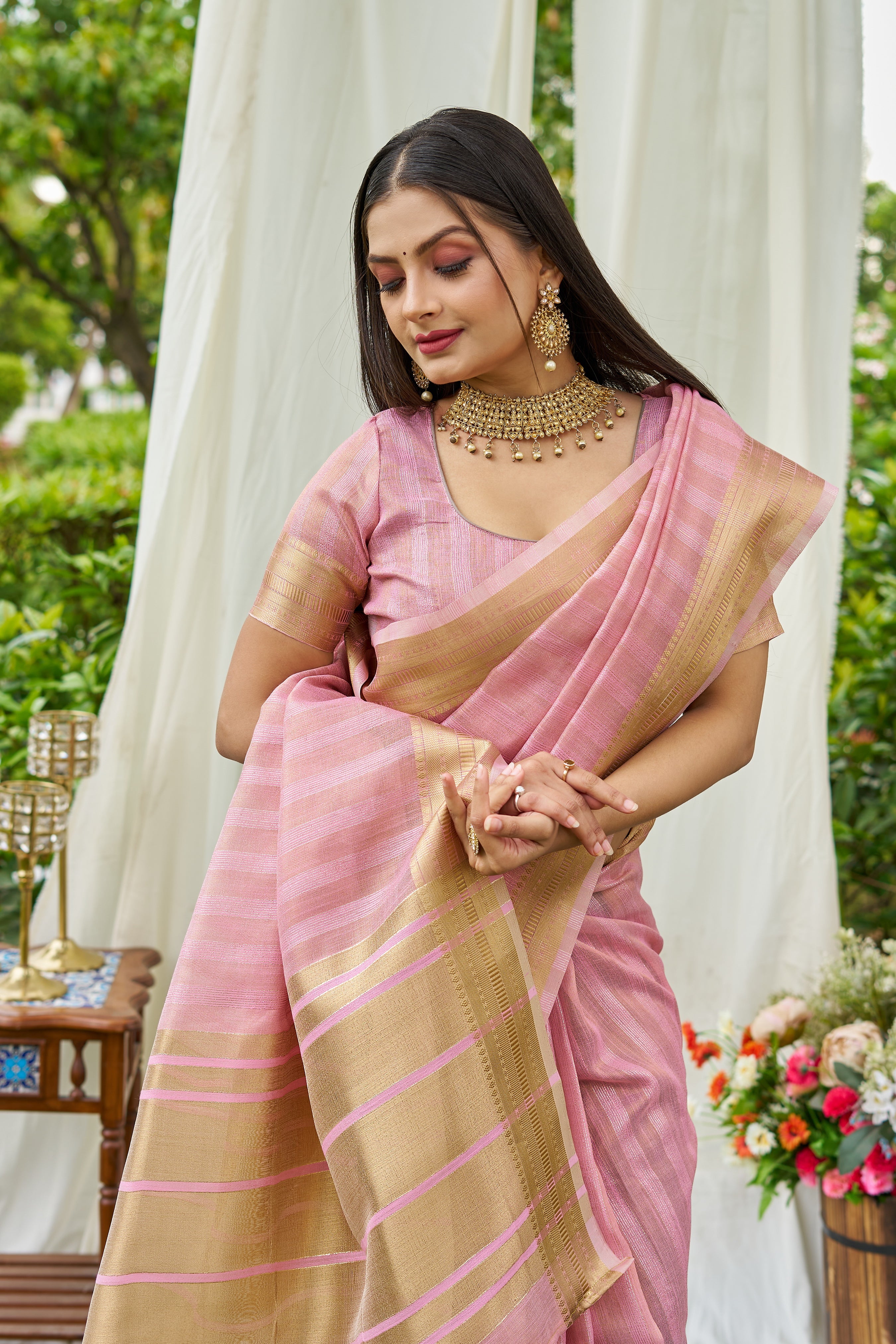 Buy MySilkLove Baby Pink Woven Tissue Saree Online