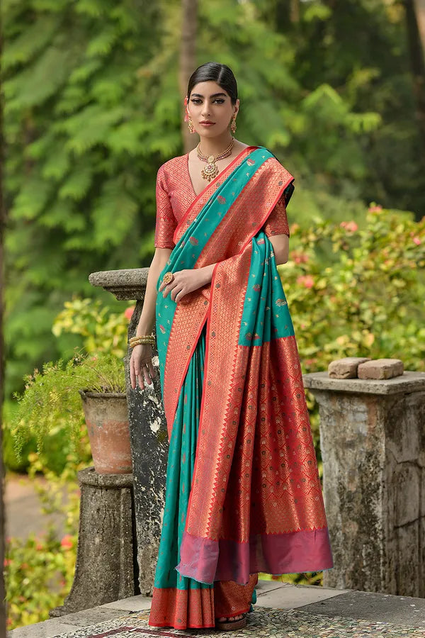 Buy MySilkLove Gulf Stream Blue Woven Banarasi Saree Online
