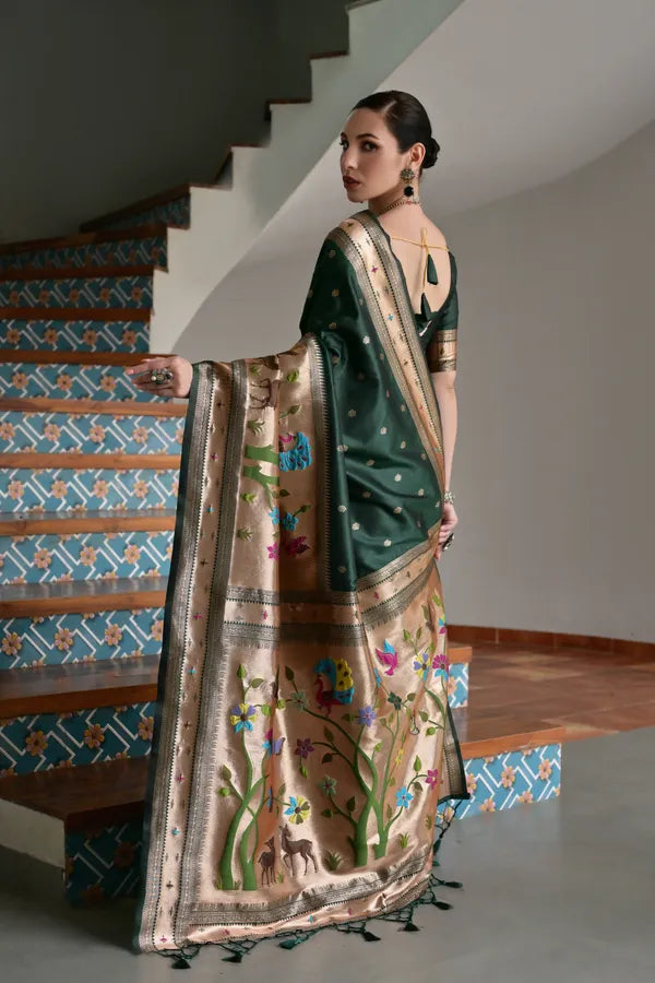 Buy MySilkLove Forest Green Woven Paithani Saree Online