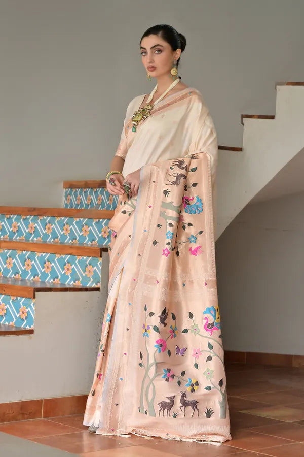 Buy MySilkLove Coconut Cream Woven Paithani Saree Online