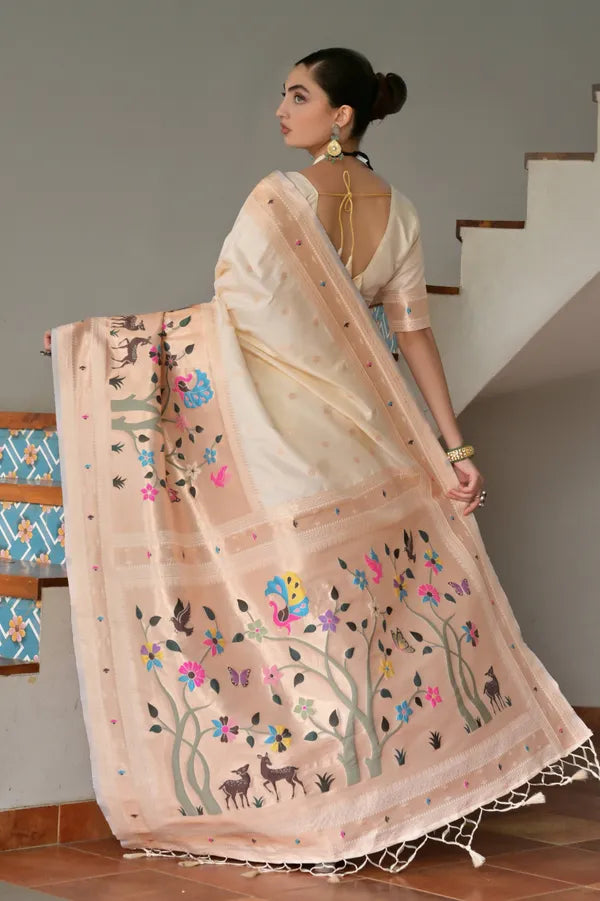 Buy MySilkLove Coconut Cream Woven Paithani Saree Online