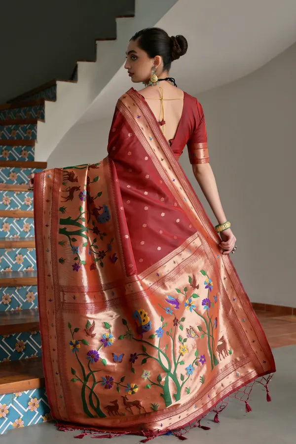Buy MySilkLove Deep Maroon Woven Paithani Saree Online