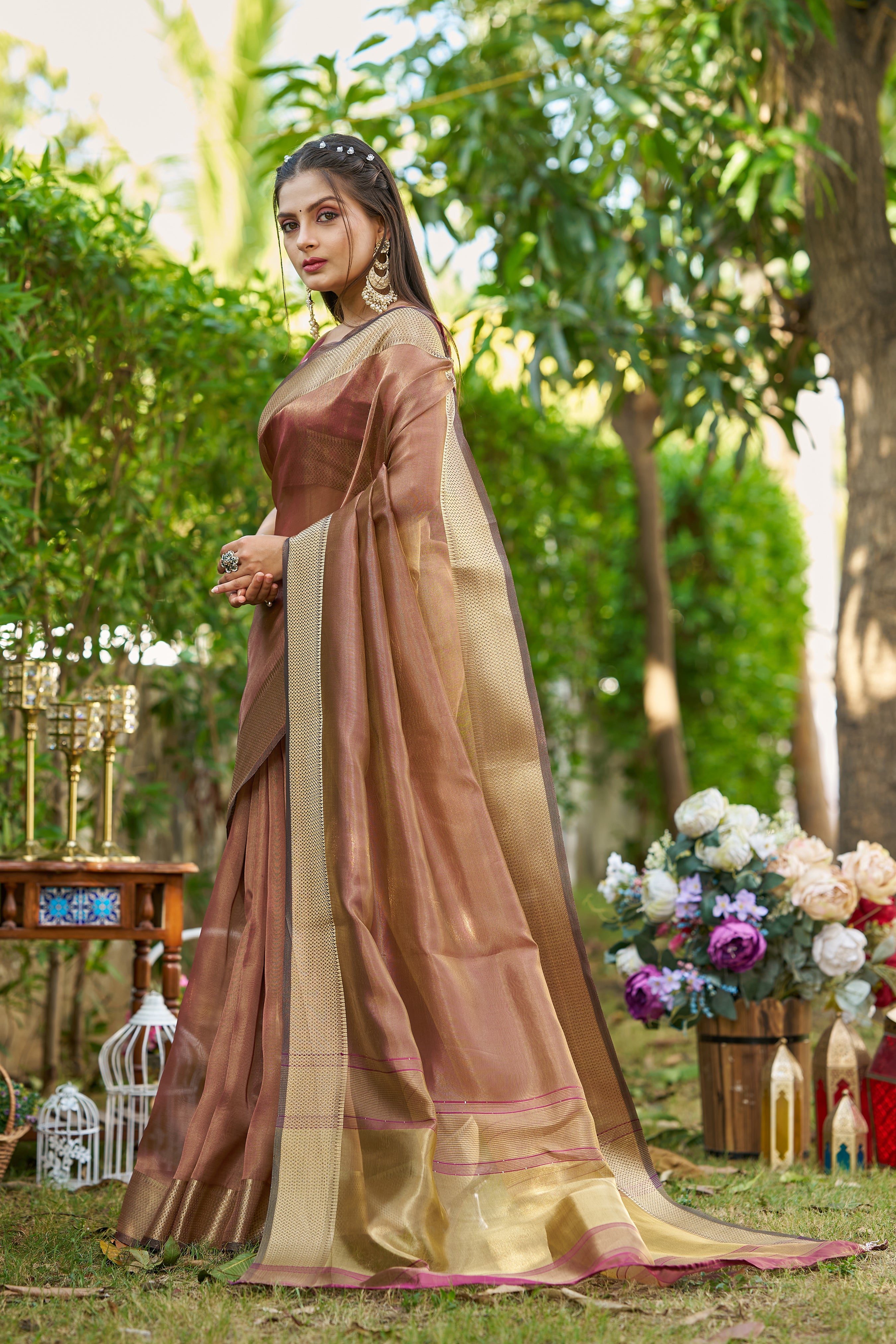 Buy MySilkLove Wood Brown Tissue Woven Saree Online