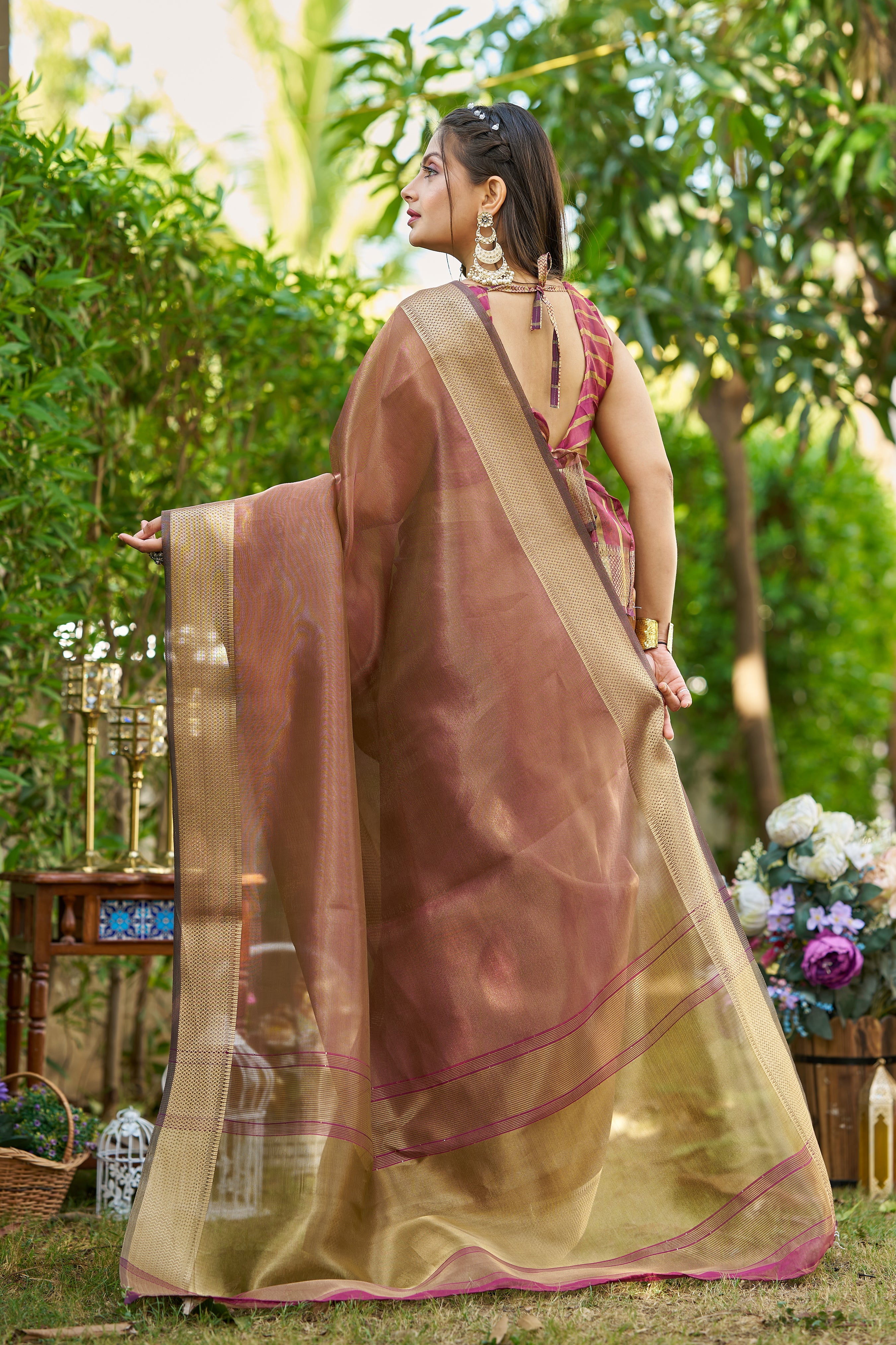 Buy MySilkLove Wood Brown Tissue Woven Saree Online
