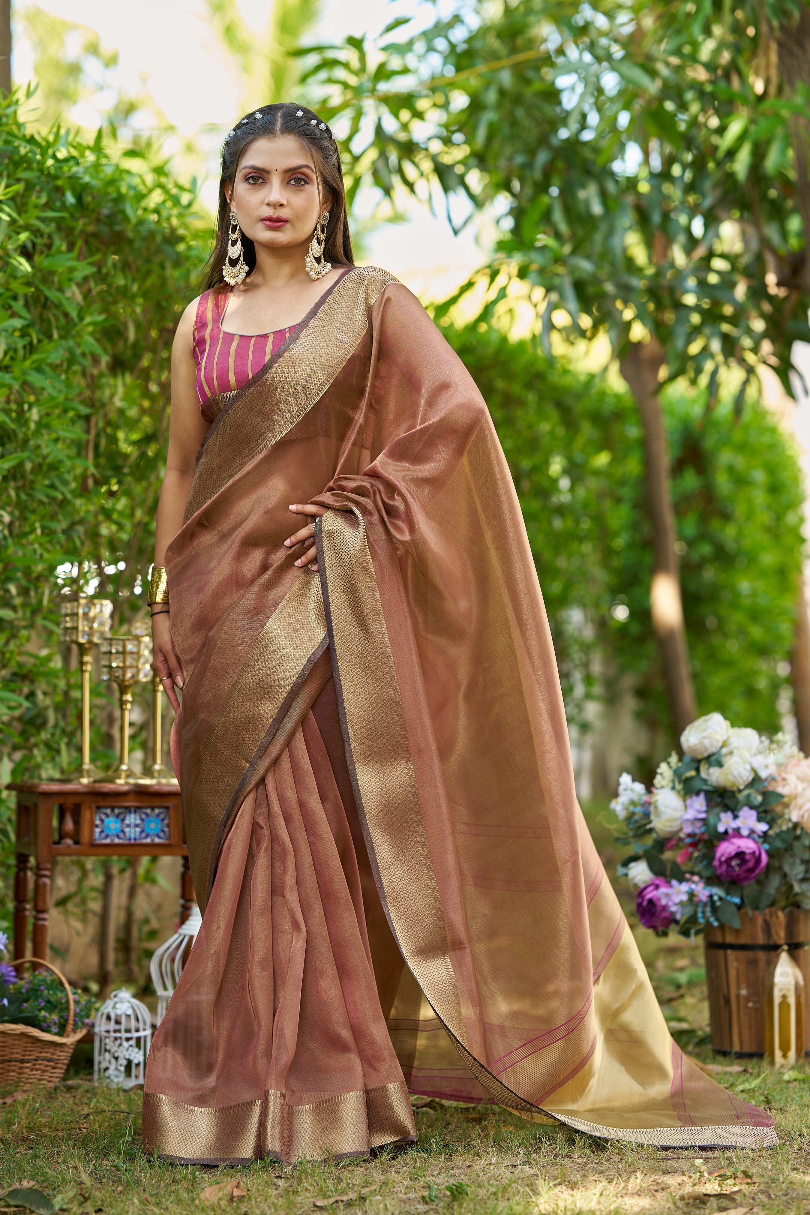 Buy MySilkLove Wood Brown Tissue Woven Saree Online