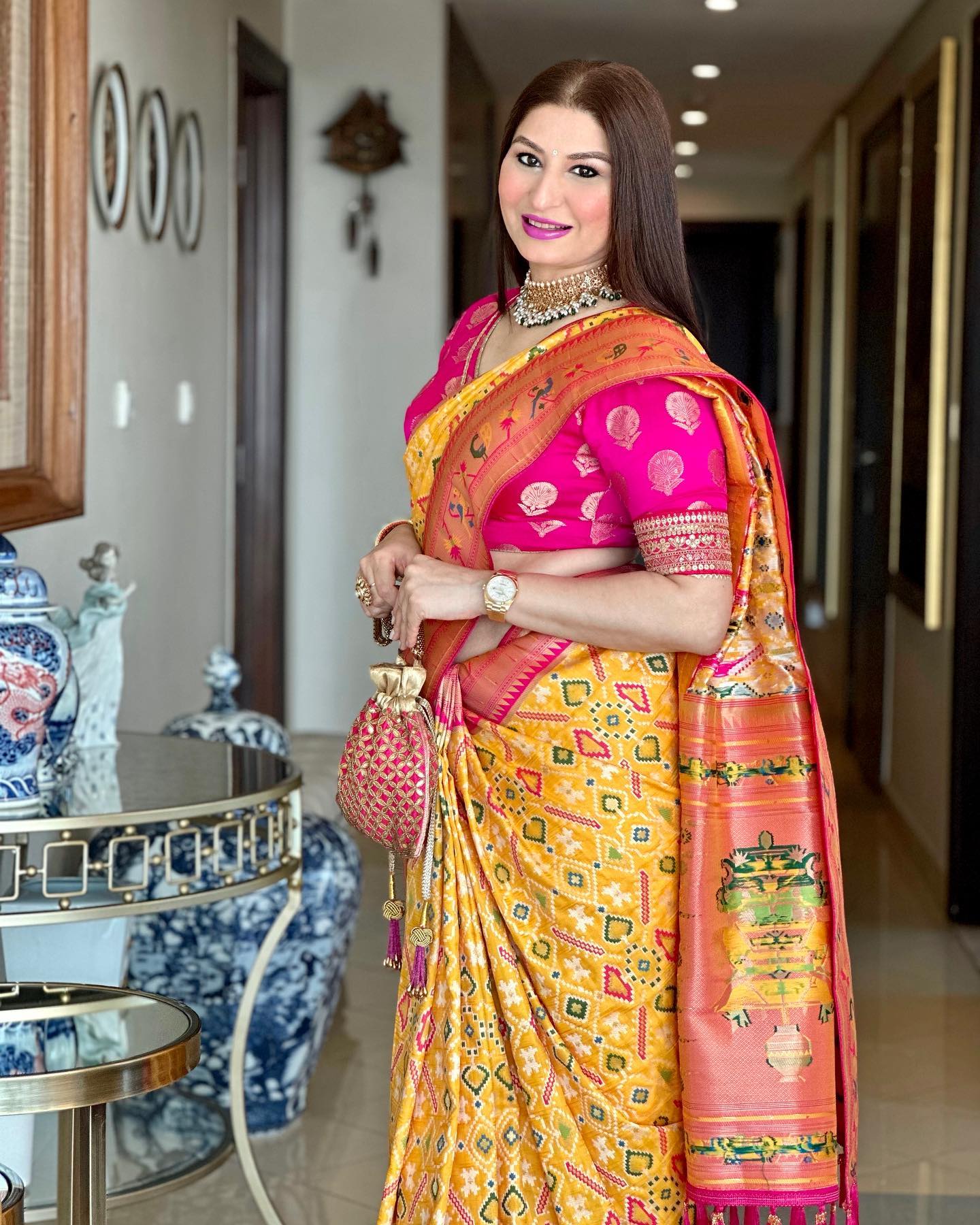 Buy MySilkLove Daisy Yellow and Pink Paithani Patola Fusion Silk Saree Online