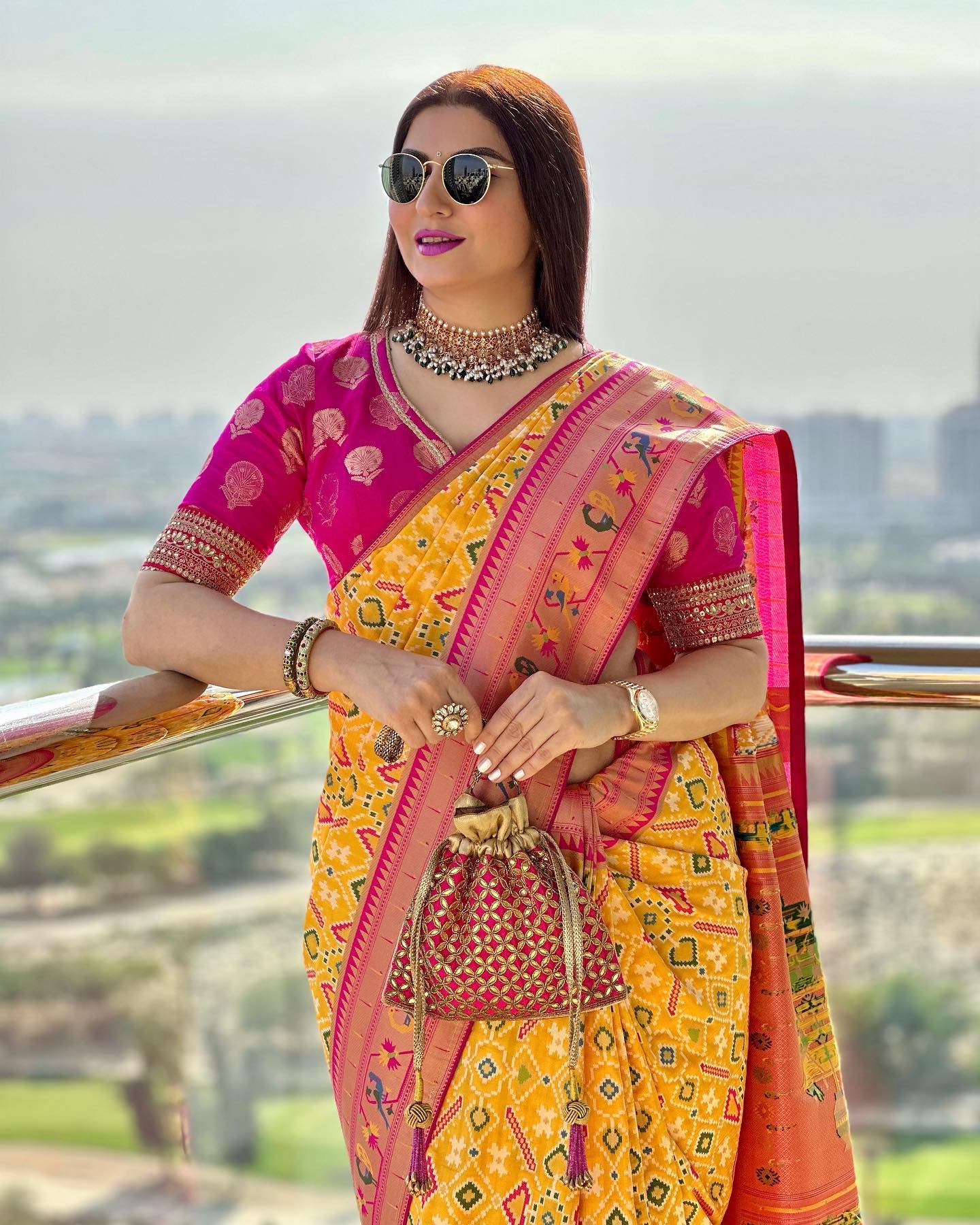 Buy MySilkLove Daisy Yellow and Pink Paithani Patola Fusion Silk Saree Online