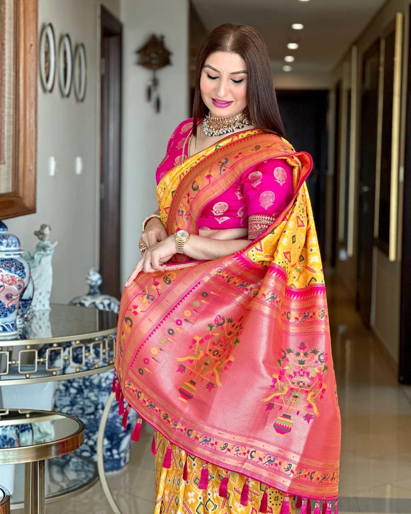 Buy MySilkLove Daisy Yellow and Pink Paithani Patola Fusion Silk Saree Online