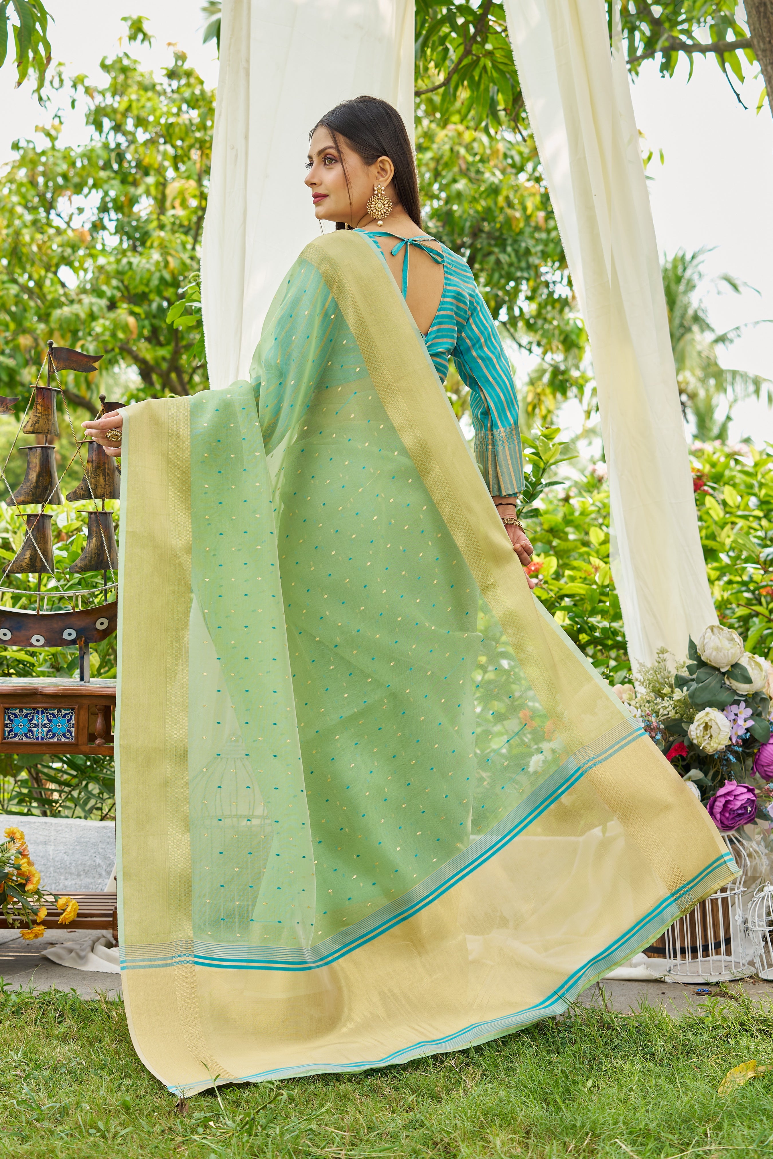 Buy MySilkLove Pista Green Woven Shimmer Silk Saree Online