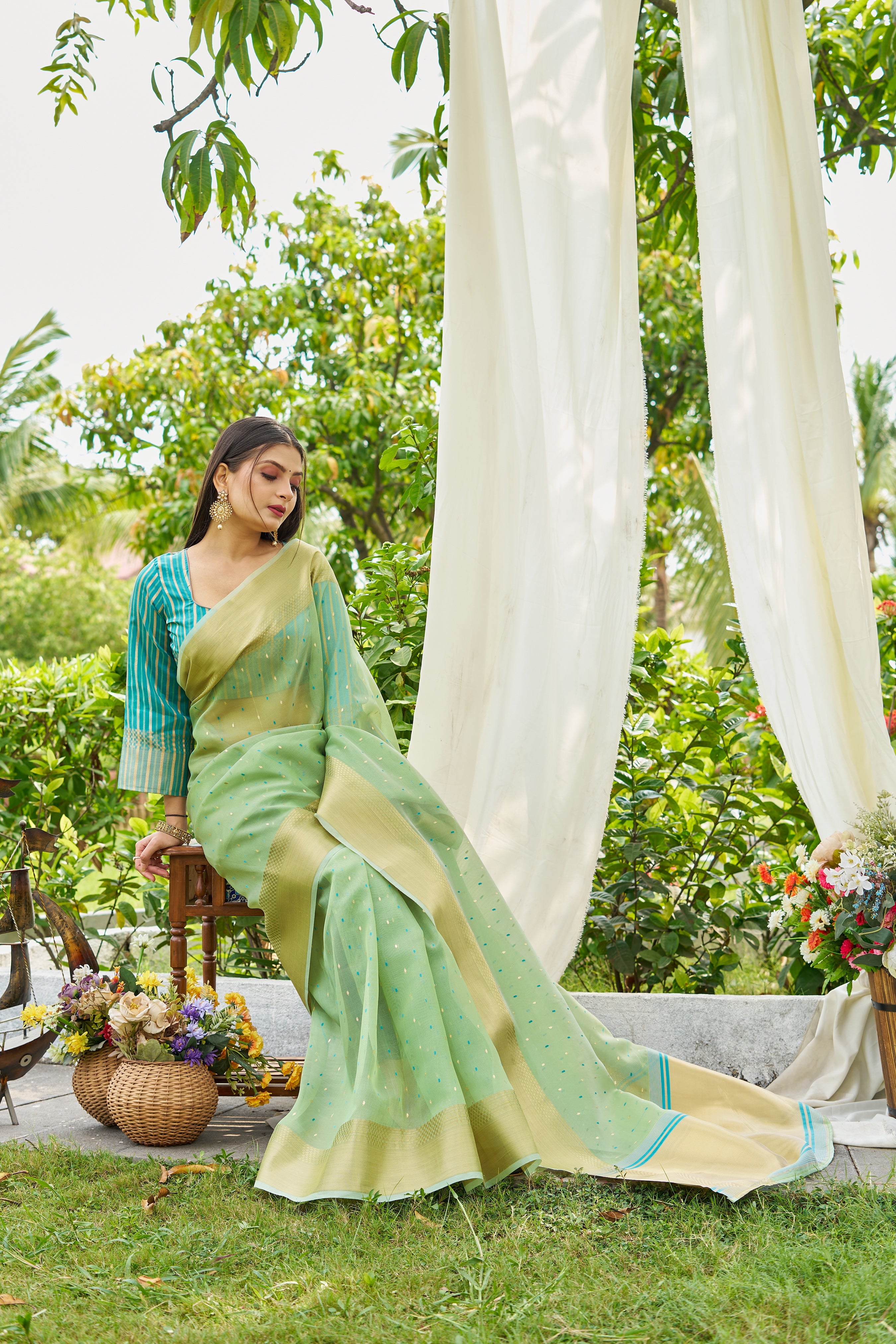Buy MySilkLove Pista Green Woven Shimmer Silk Saree Online