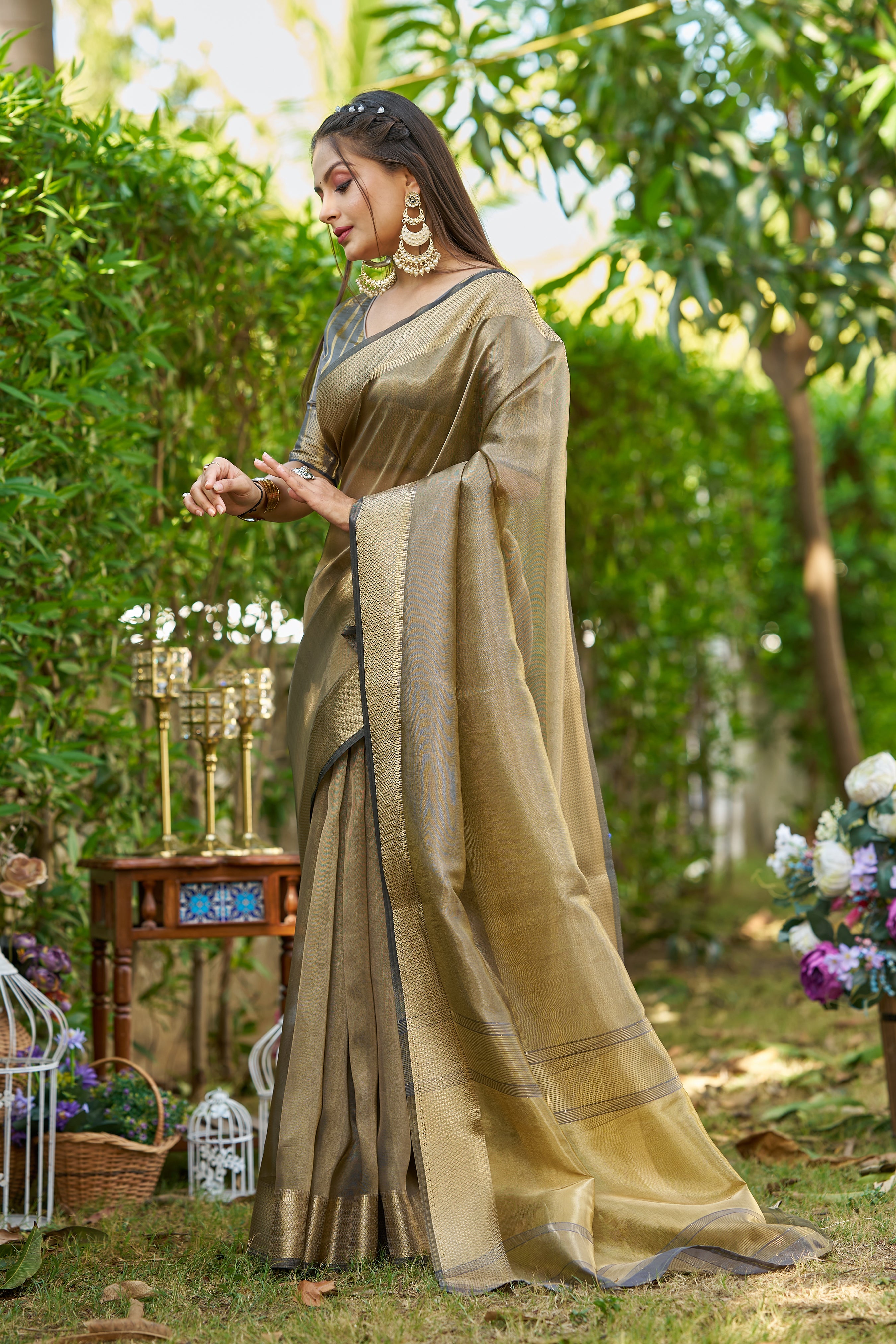 Buy MySilkLove Smokey Grey Tissue Woven Saree Online