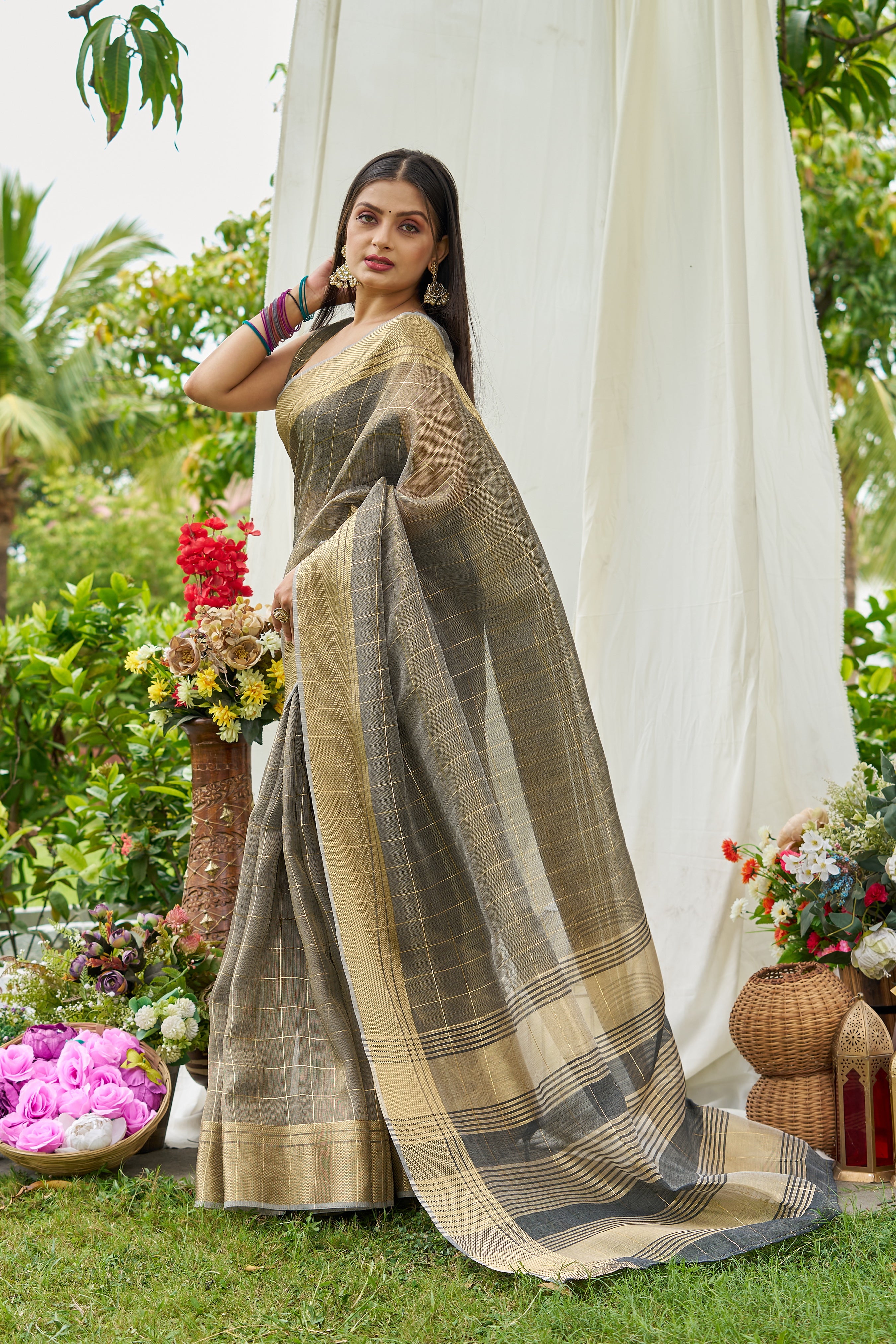 Buy MySilkLove Mint Grey Tissue Woven Saree Online