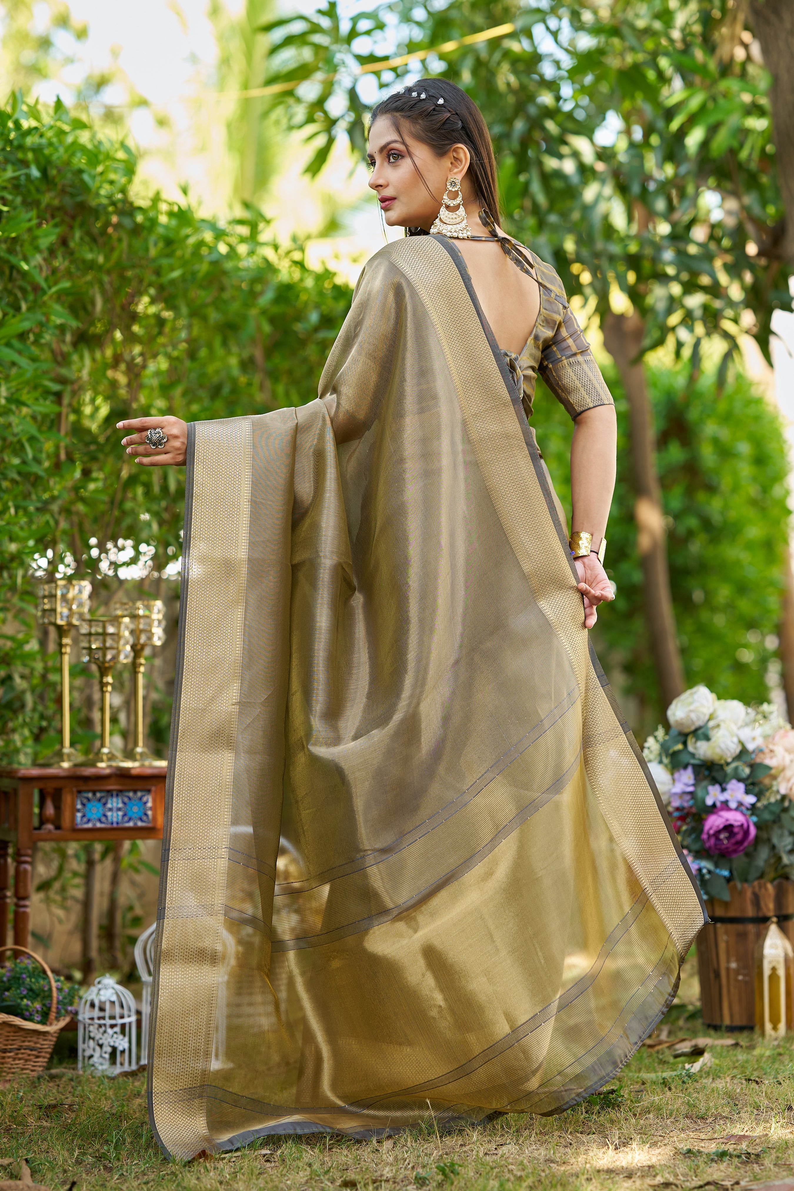 Buy MySilkLove Smokey Grey Tissue Woven Saree Online