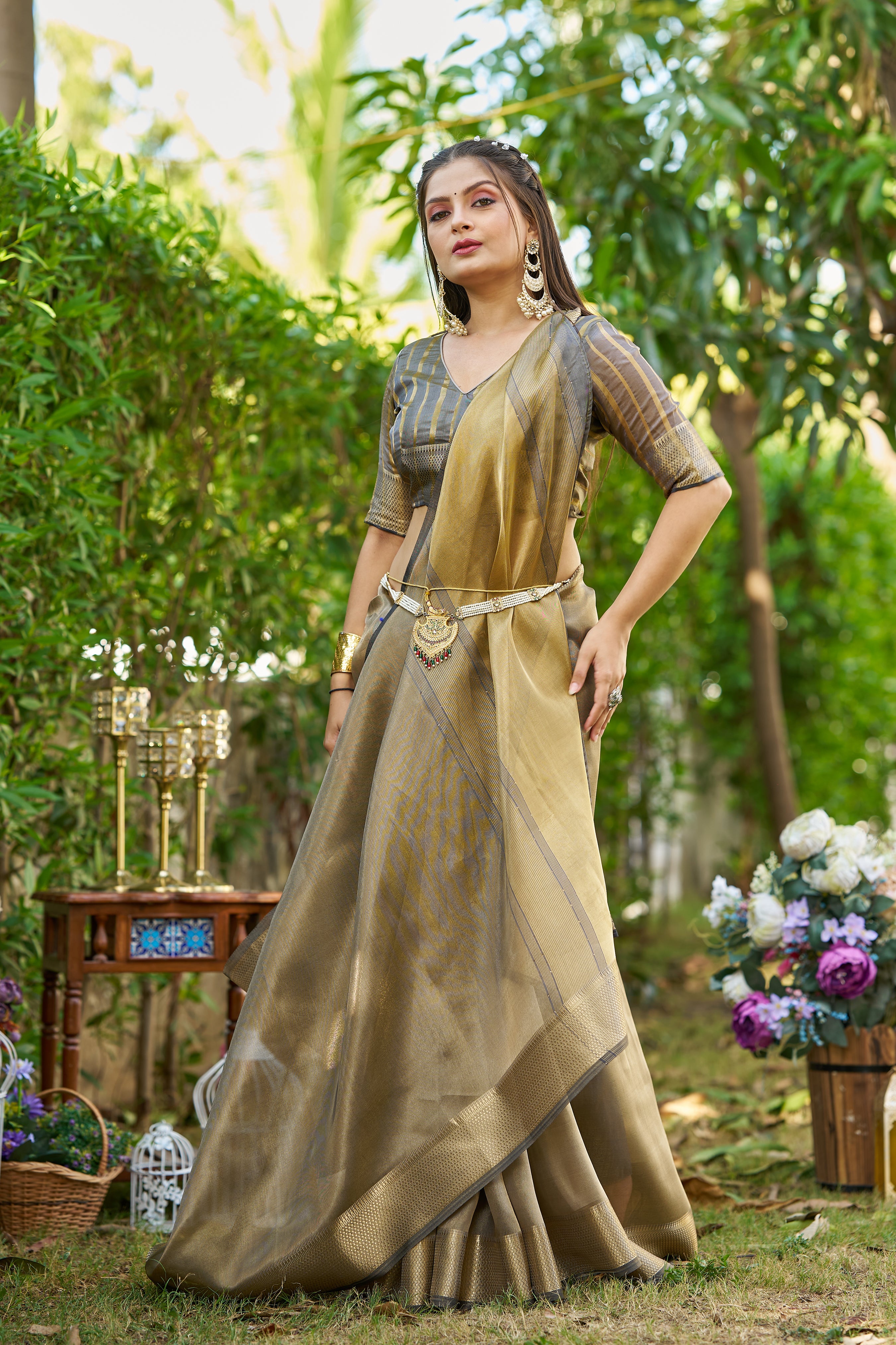 Buy MySilkLove Smokey Grey Tissue Woven Saree Online
