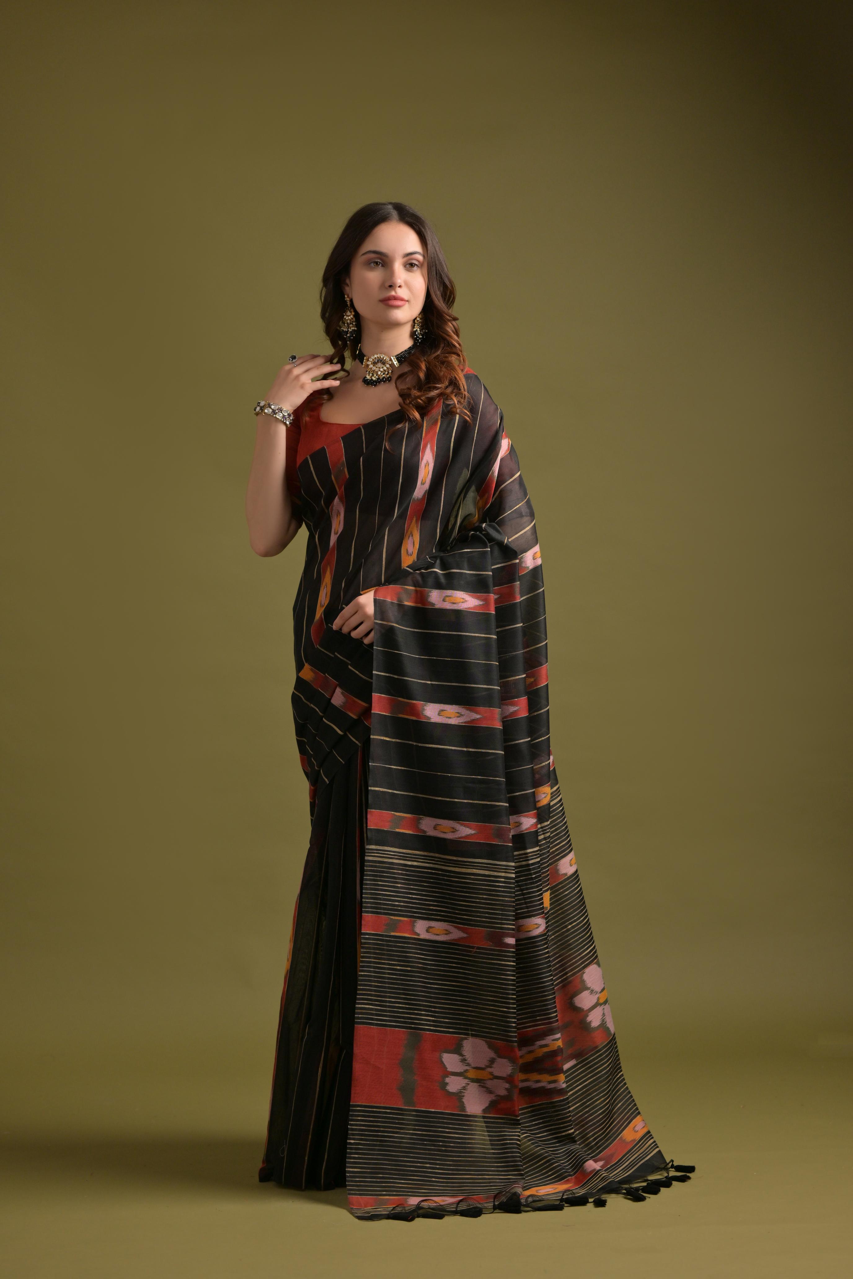 Buy MySilkLove Sable Black Soft Ikkat Cotton Woven Saree Online