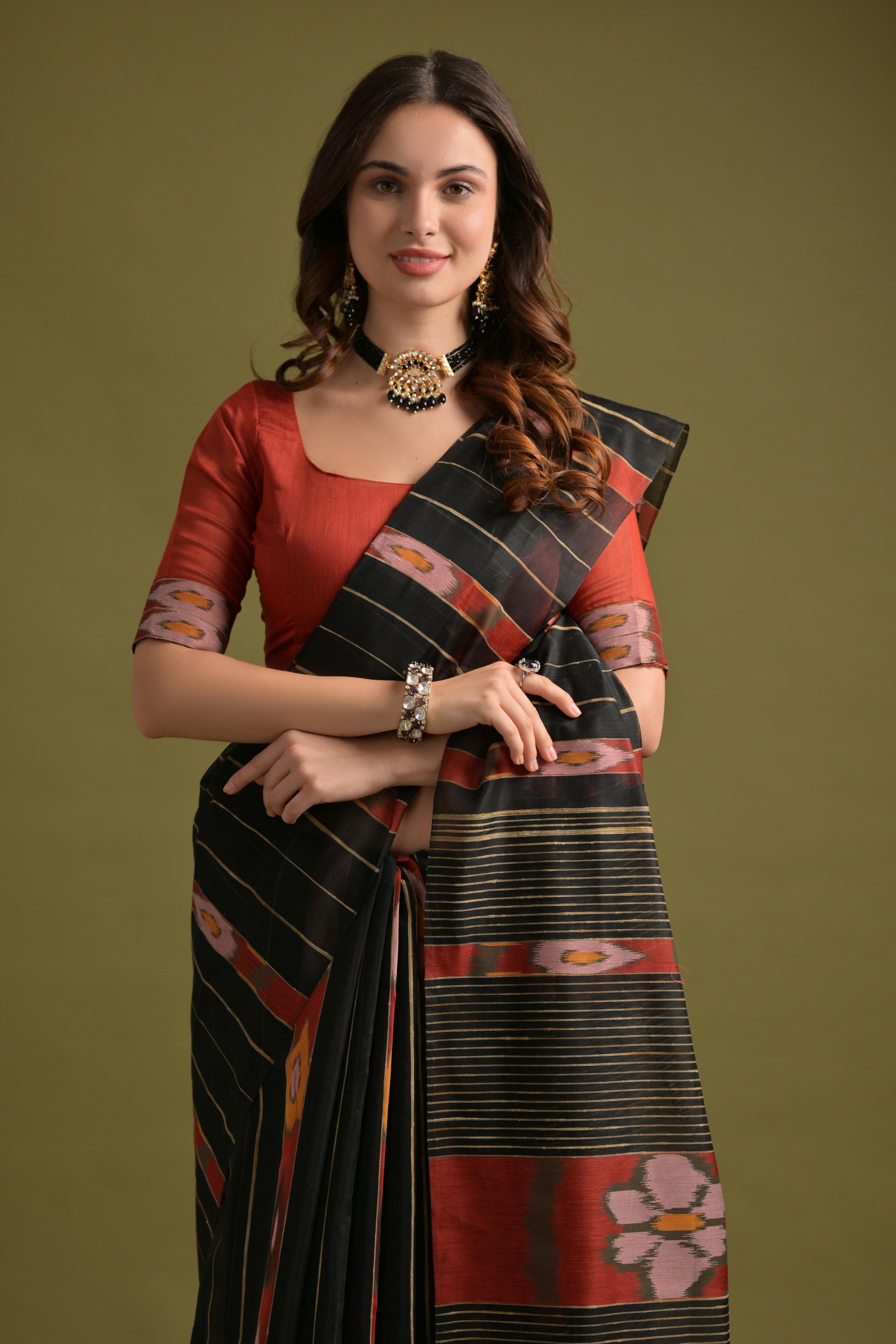 Buy MySilkLove Sable Black Soft Ikkat Cotton Woven Saree Online
