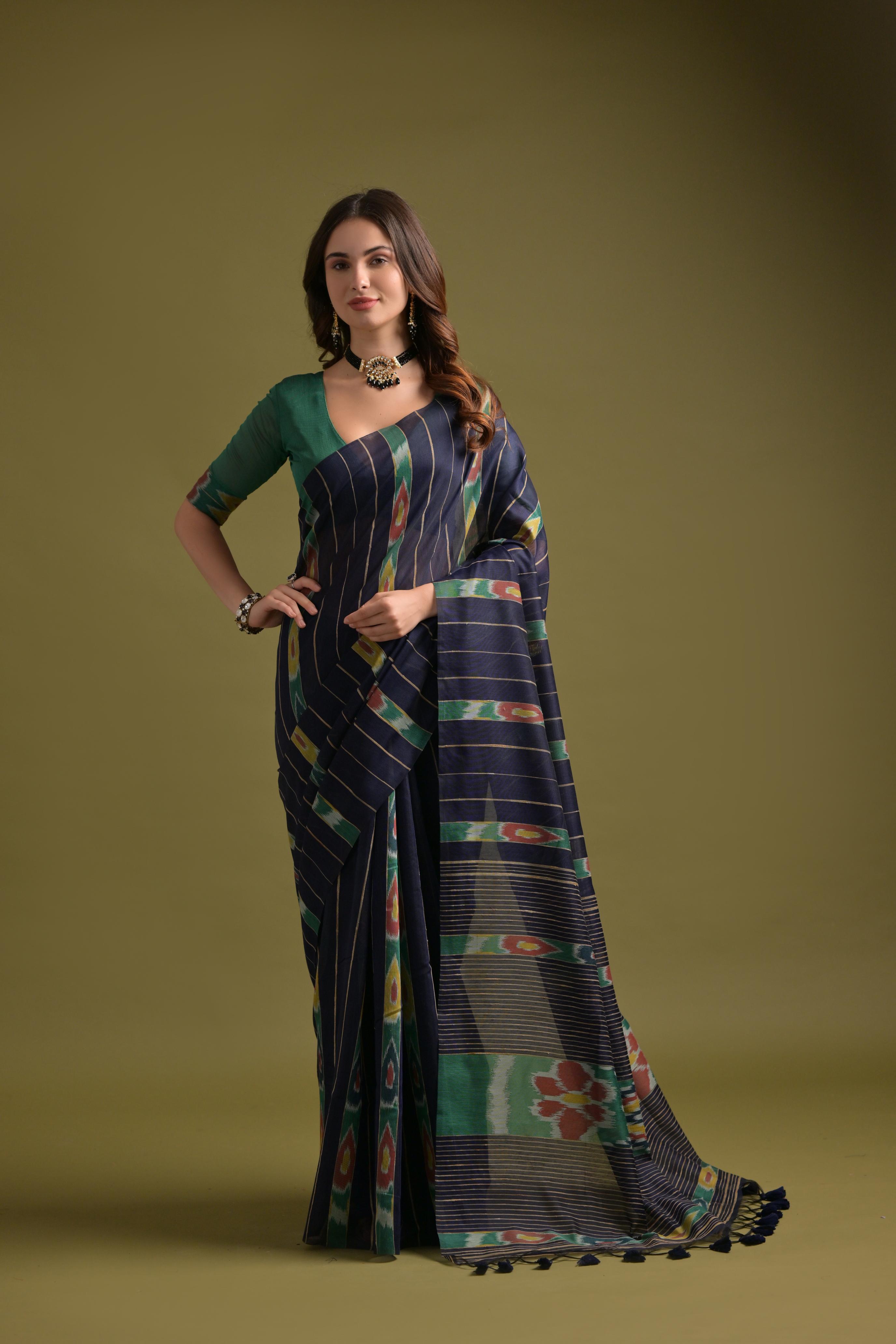 Buy MySilkLove Demon Blue Soft Ikkat Cotton Woven Saree Online