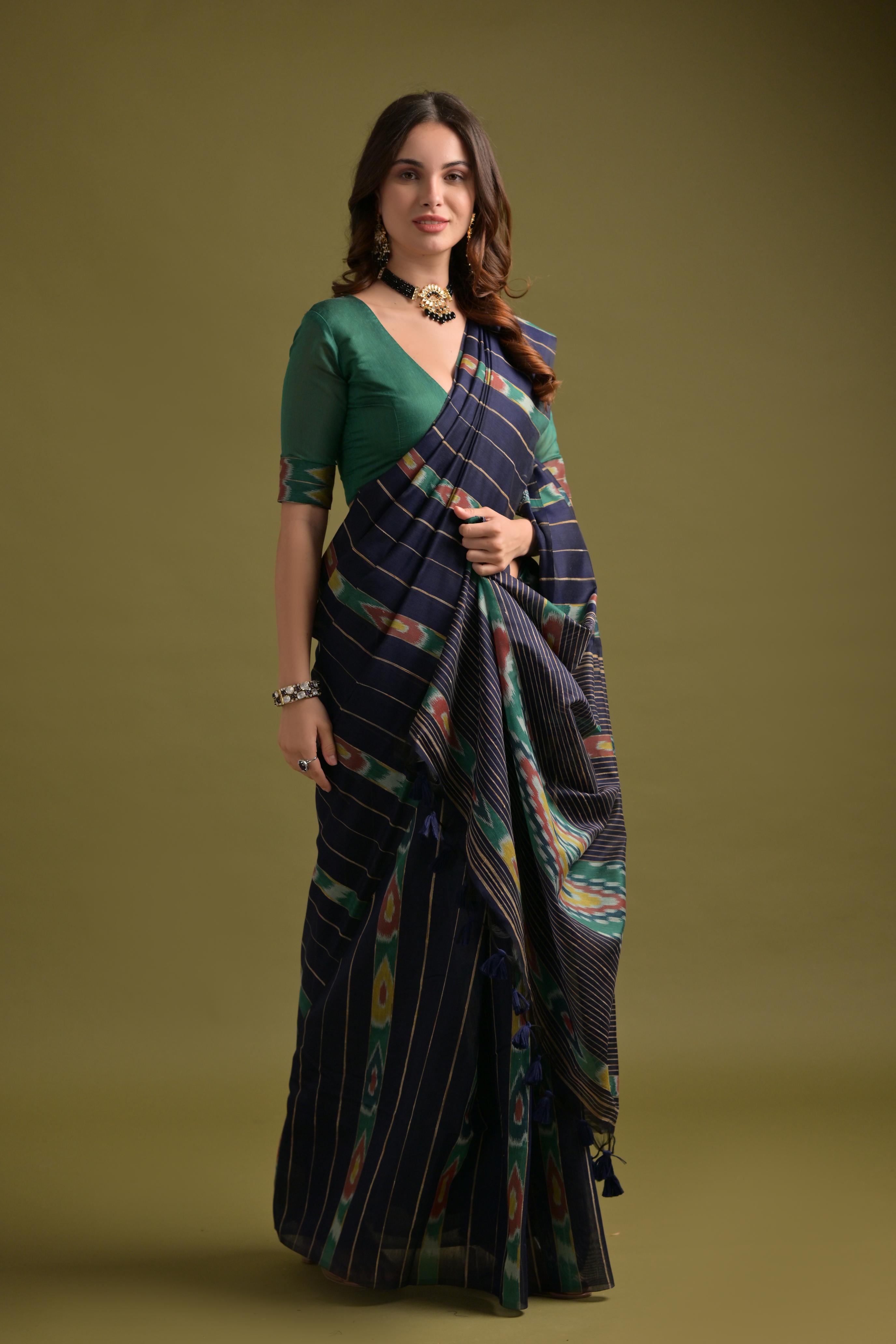 Buy MySilkLove Demon Blue Soft Ikkat Cotton Woven Saree Online