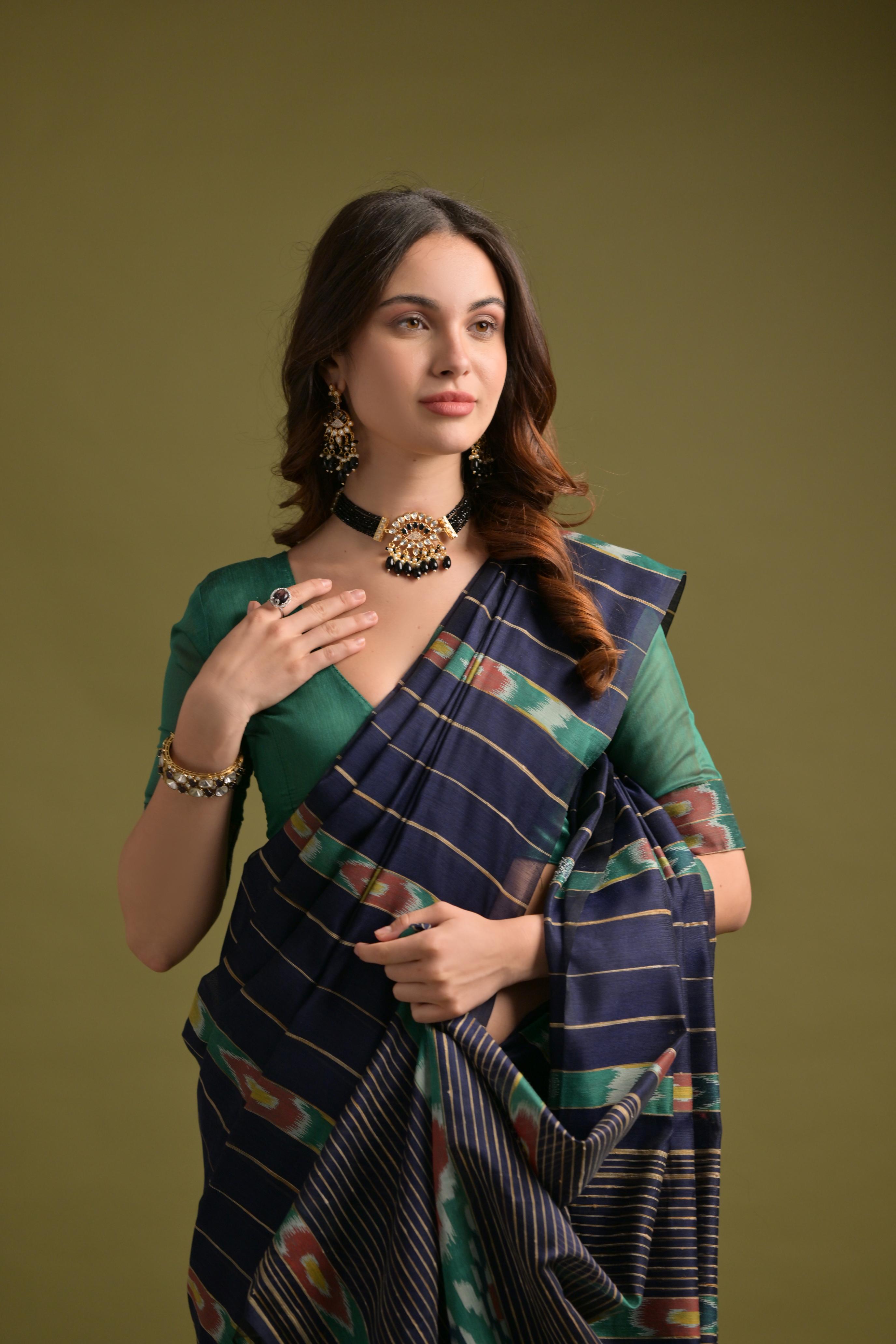 Buy MySilkLove Demon Blue Soft Ikkat Cotton Woven Saree Online