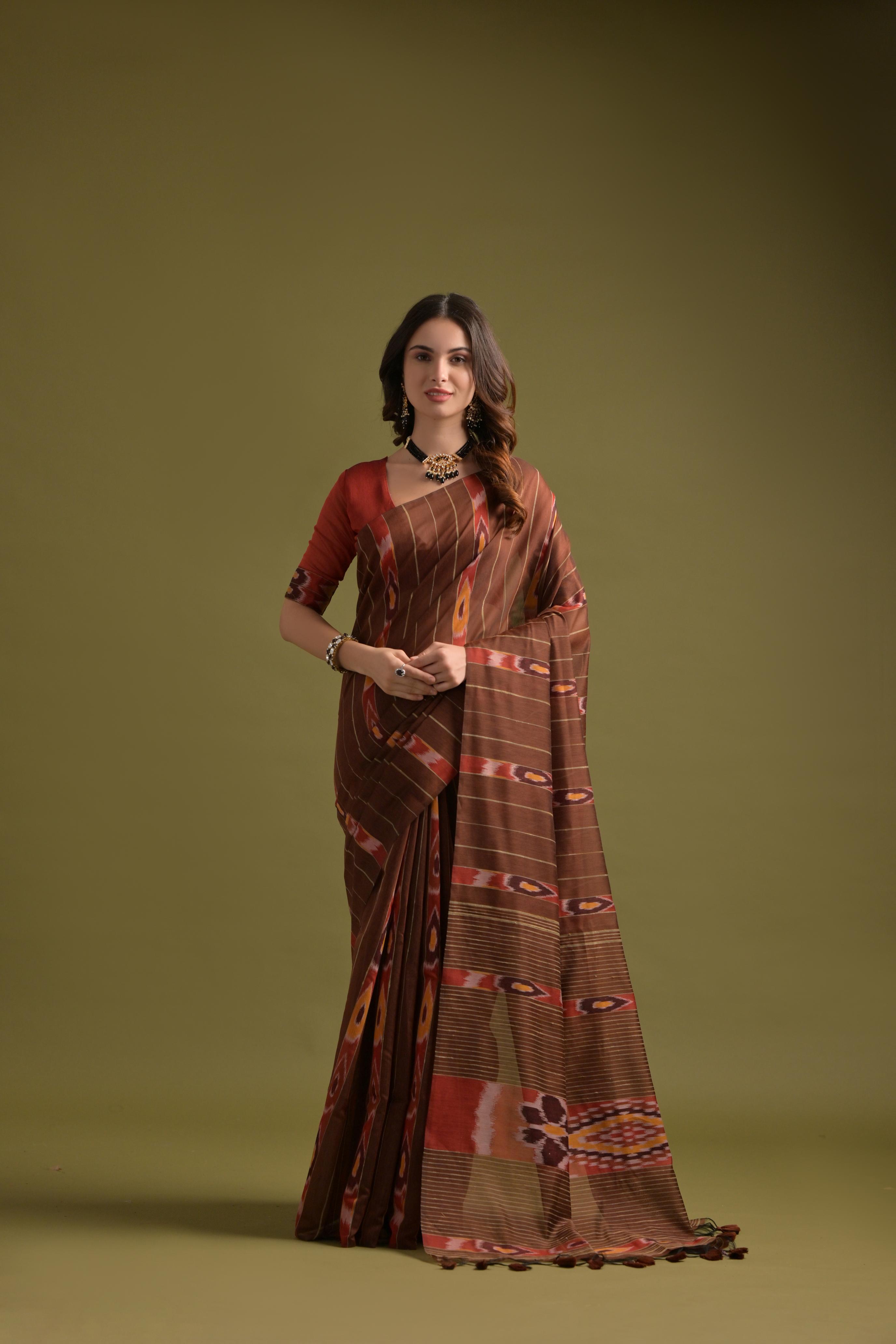 Buy MySilkLove Wood Brown Soft Ikkat Cotton Woven Saree Online