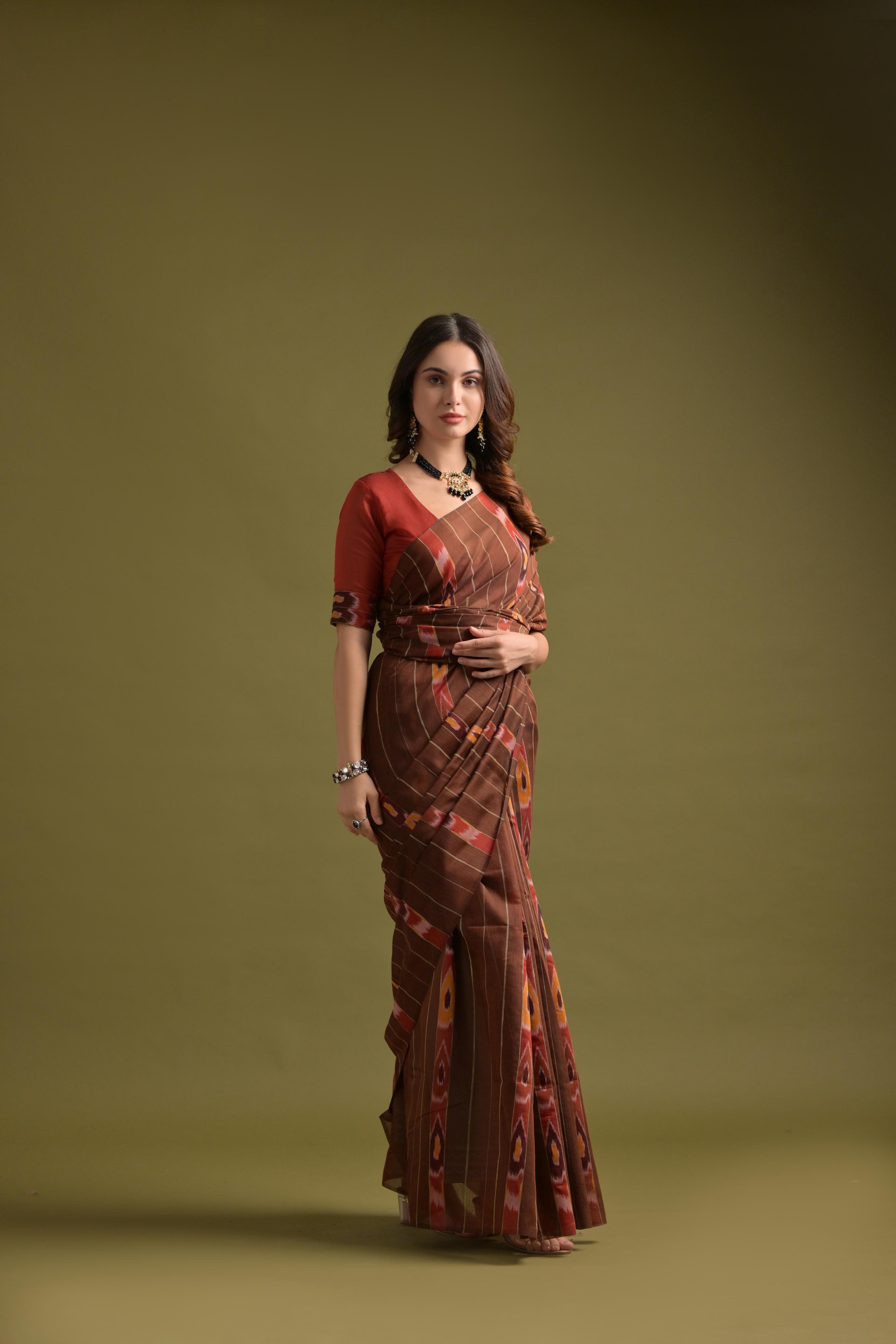 Buy MySilkLove Wood Brown Soft Ikkat Cotton Woven Saree Online