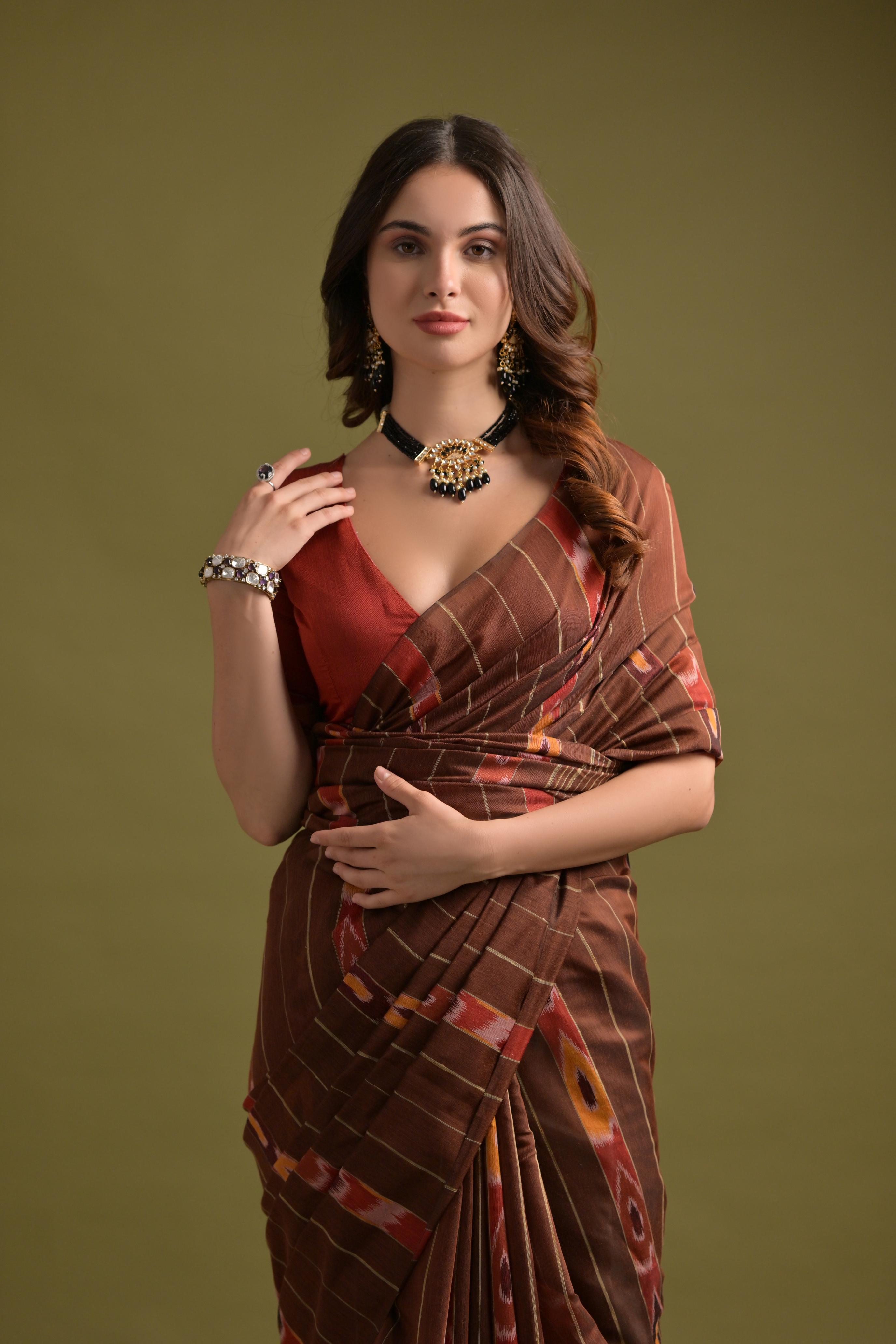 Buy MySilkLove Wood Brown Soft Ikkat Cotton Woven Saree Online