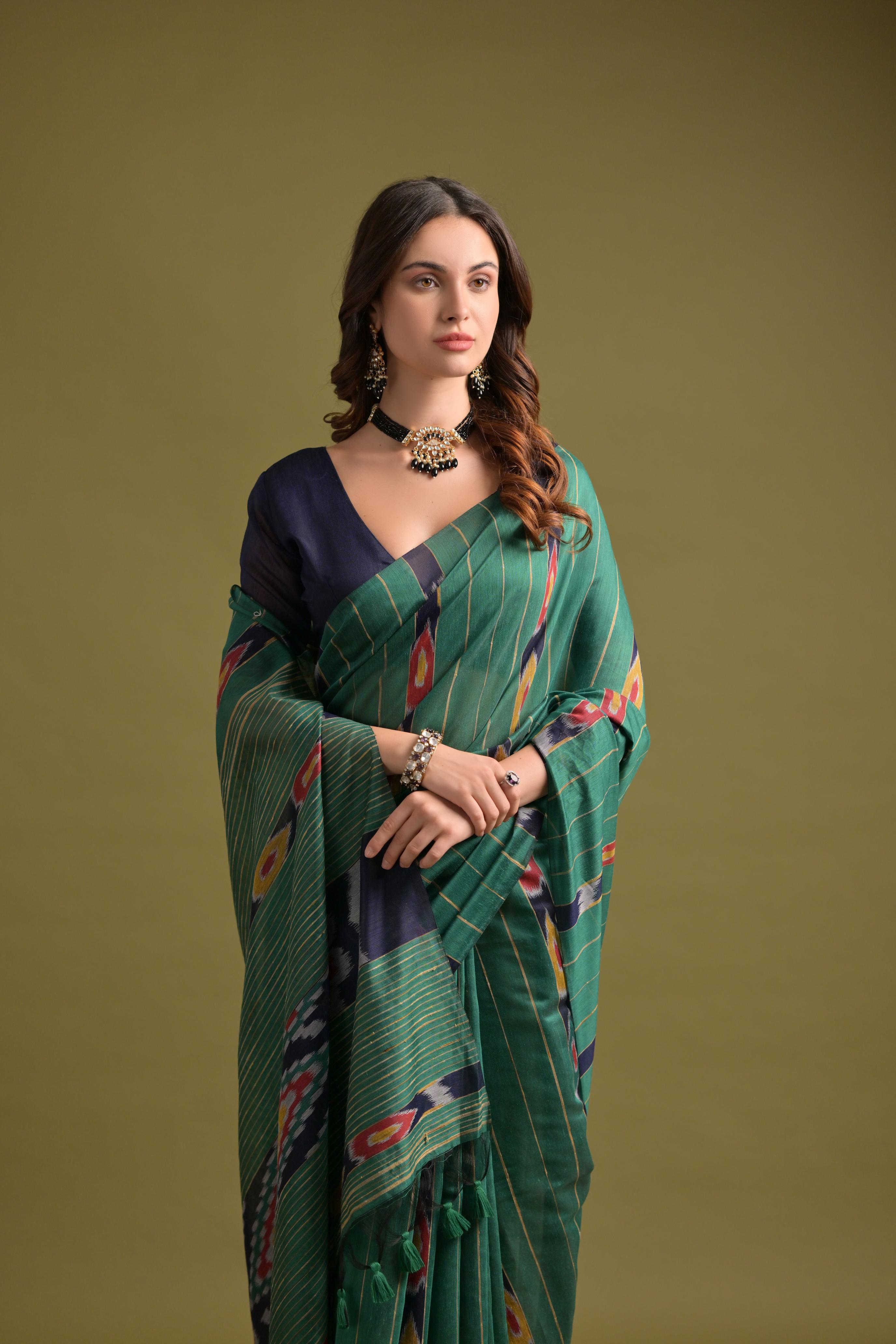 Buy MySilkLove Lunar Green Soft Ikkat Cotton Woven Saree Online