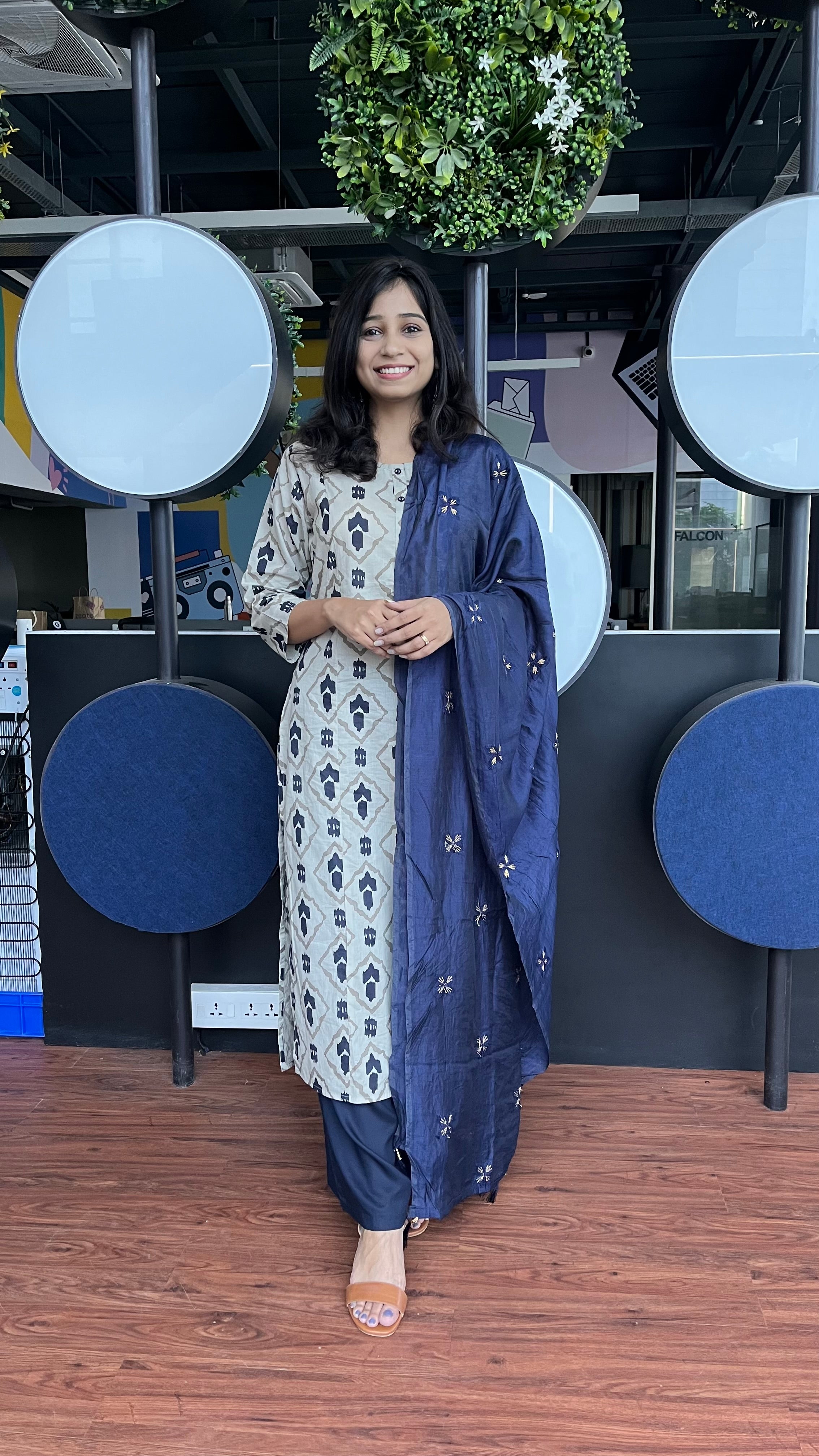 Buy MySilkLove Merino Cream and Blue Printed Dupatta Set Online