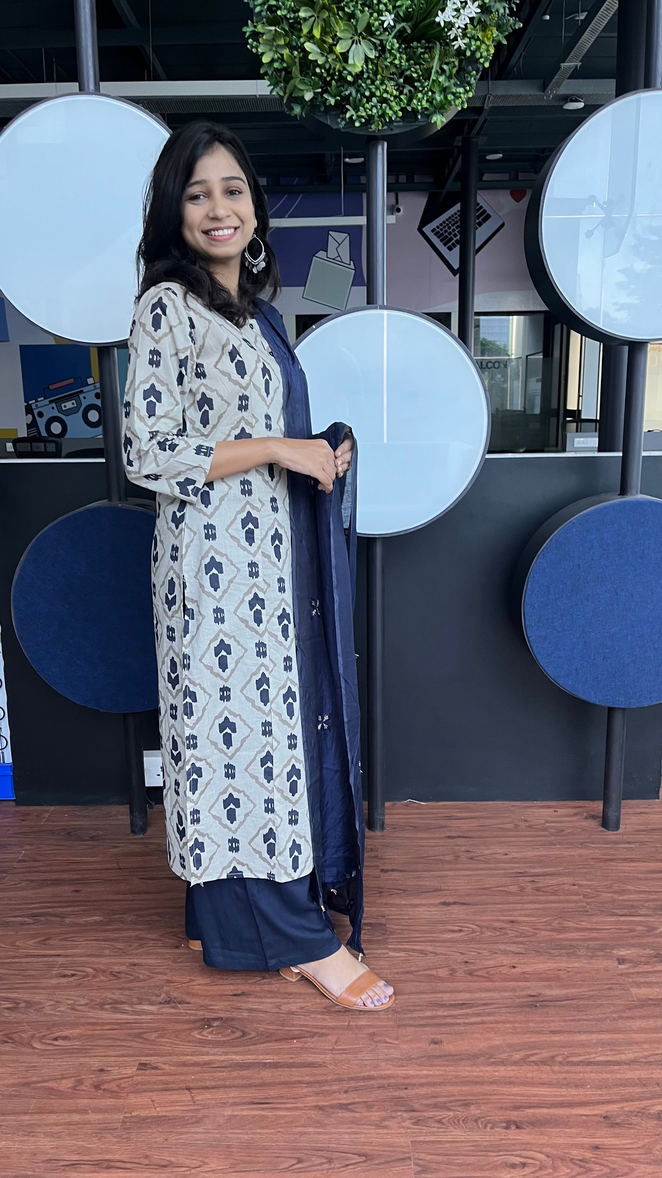 Buy MySilkLove Merino Cream and Blue Printed Dupatta Set Online