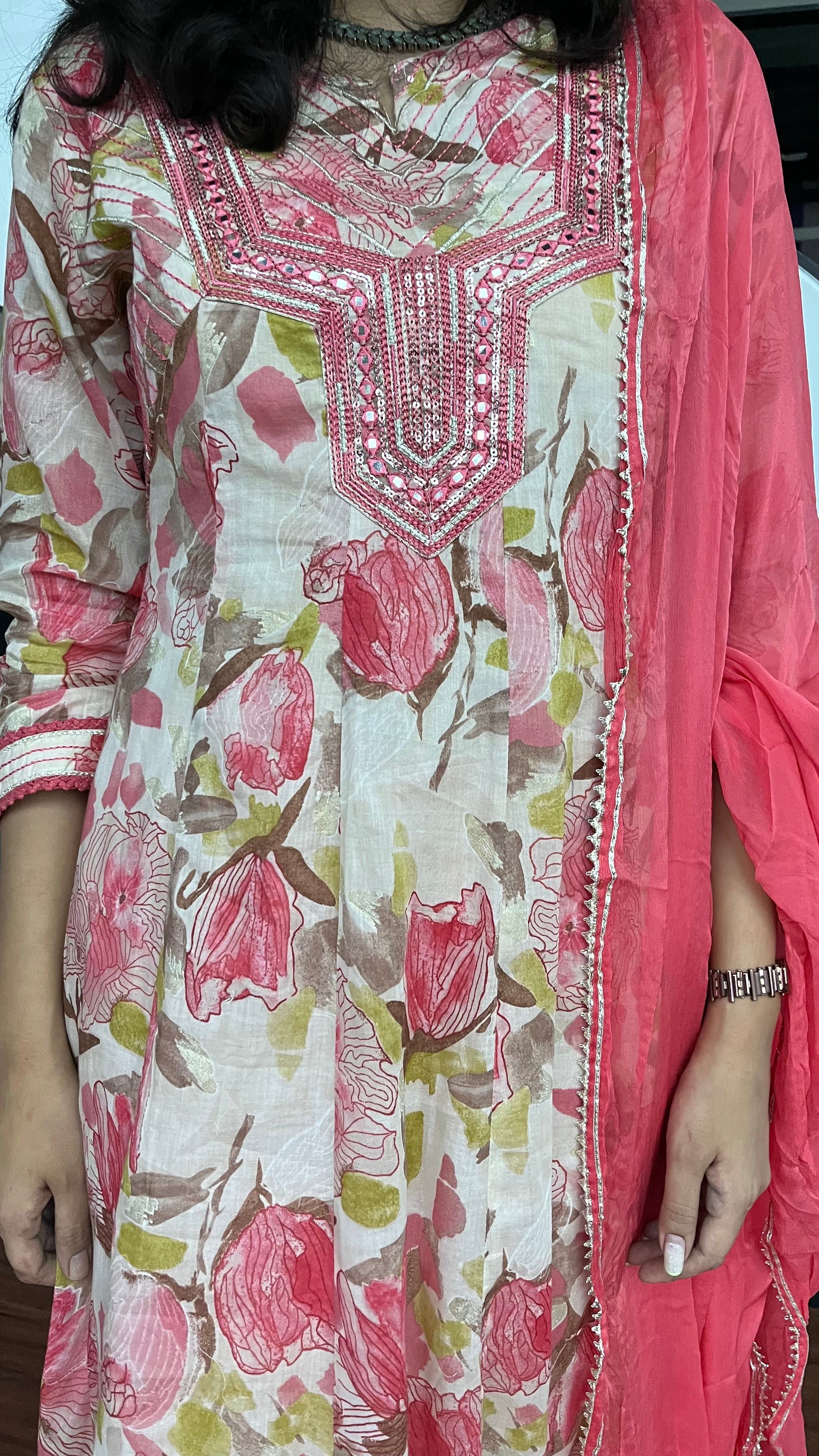 MySilkLove Tonys Pink Floral Alia Pure Mul Cotton Suit