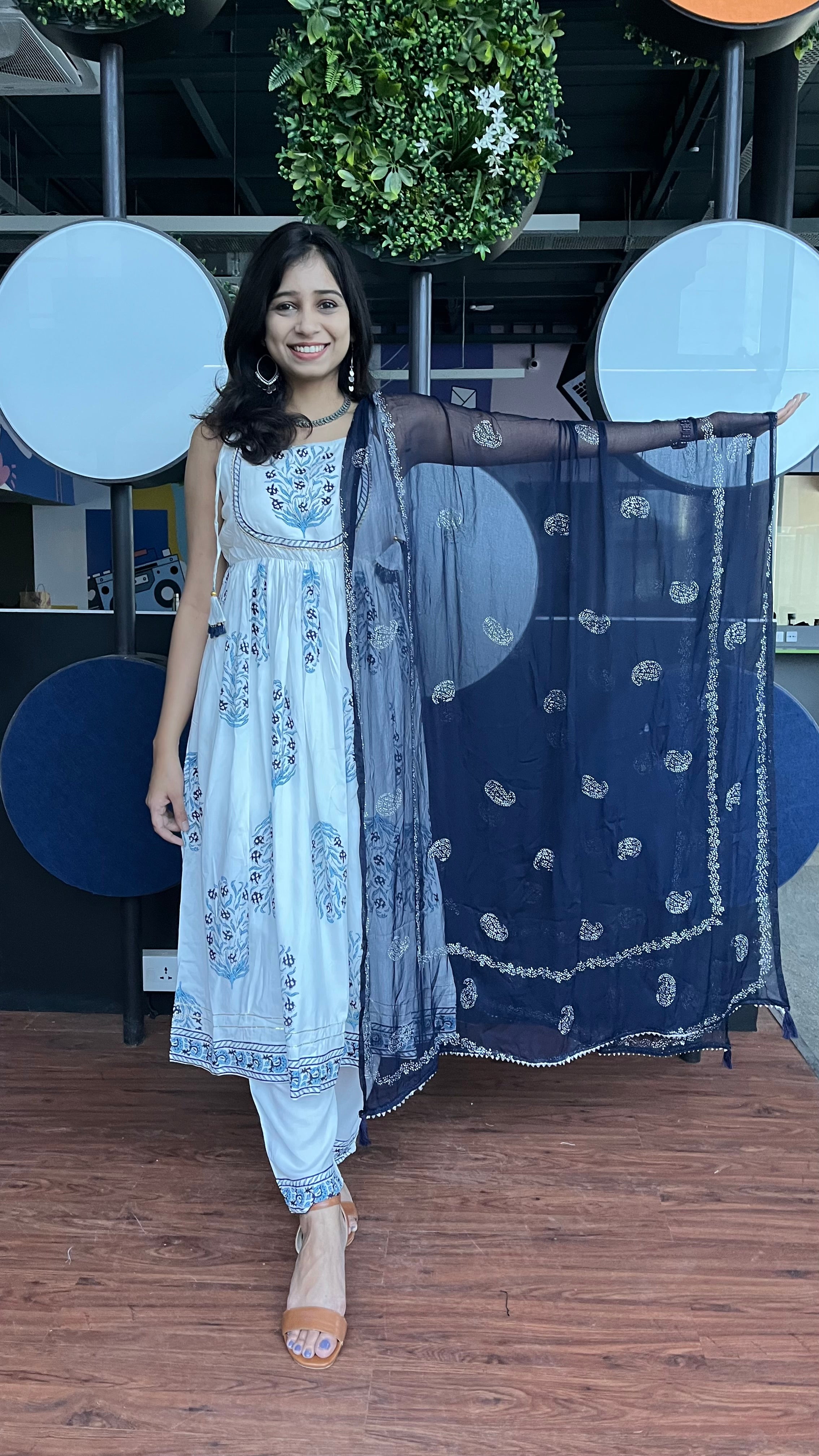 Buy MySilkLove Selago White and Blue Floral Printed Dupatta Set Online