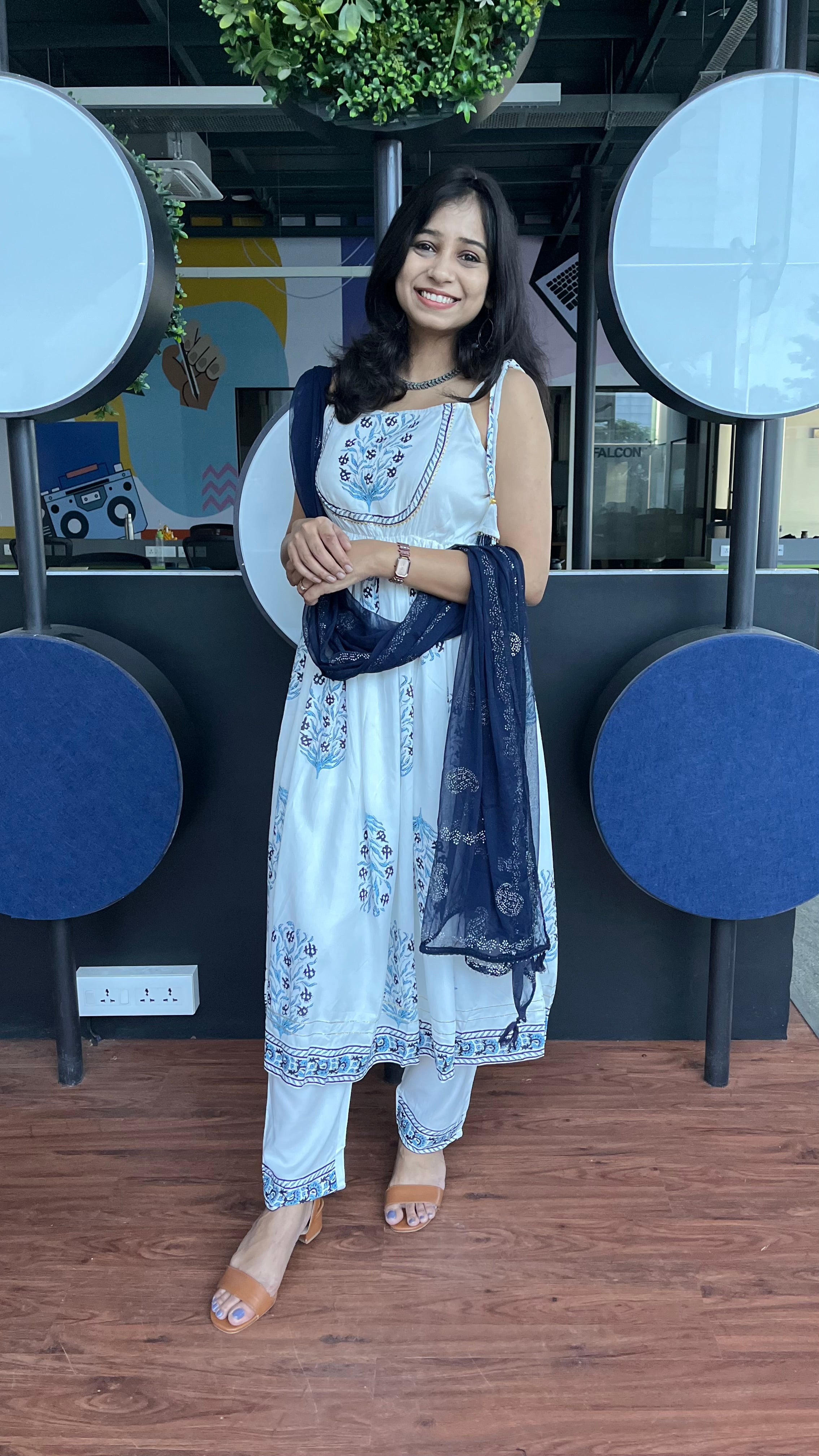 Buy MySilkLove Selago White and Blue Floral Printed Dupatta Set Online