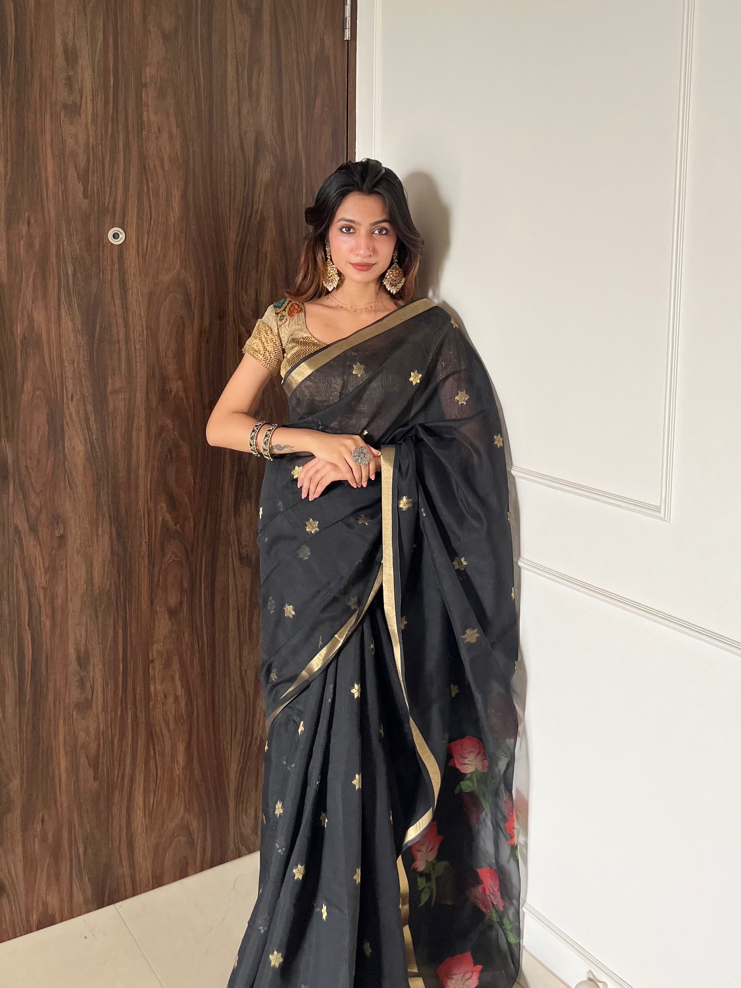 Buy MySilkLove Ace Black Handloom Muga Cotton Saree Online