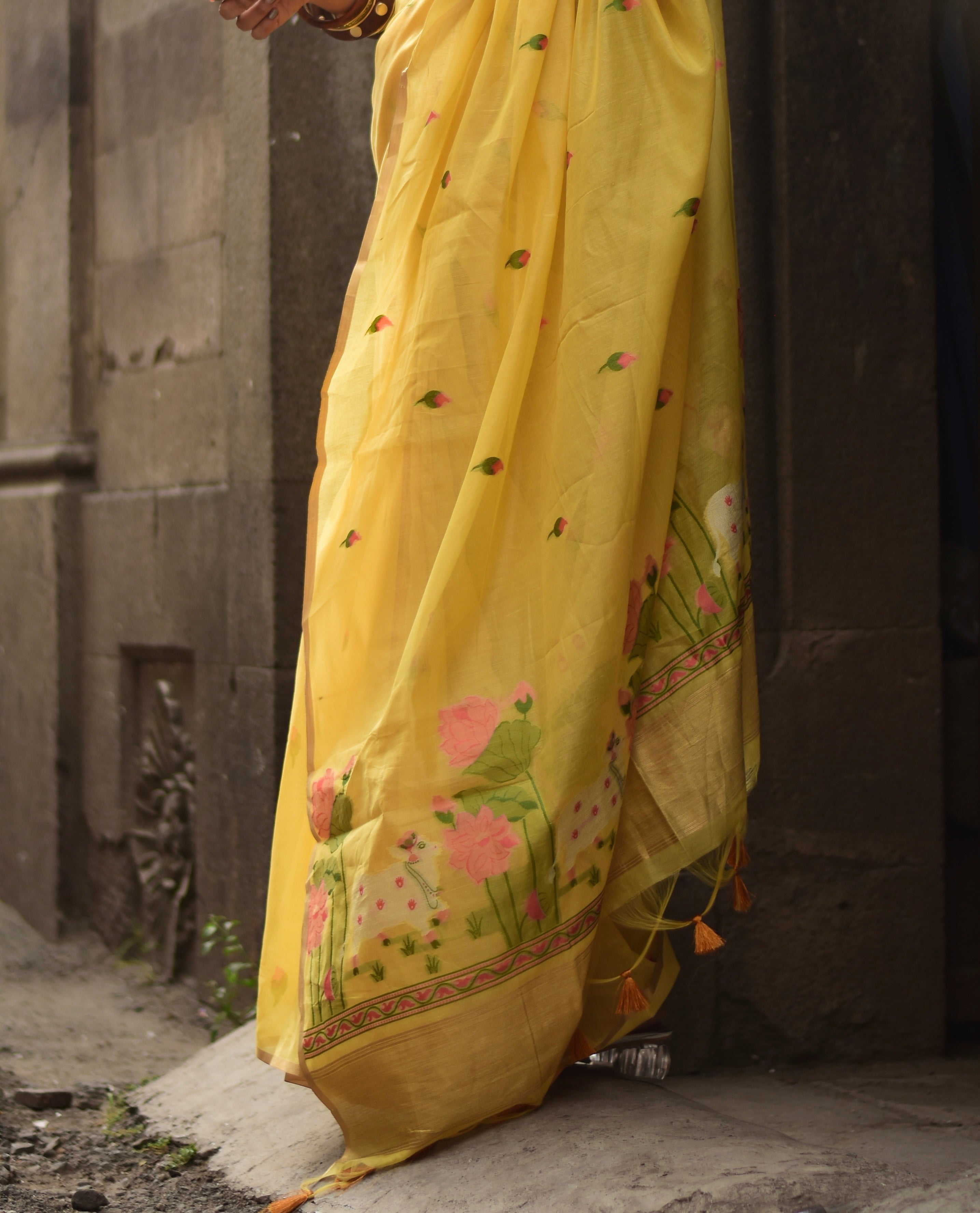 Buy MySilkLove Apricot Yellow Cotton Handloom Pichwai Saree Online