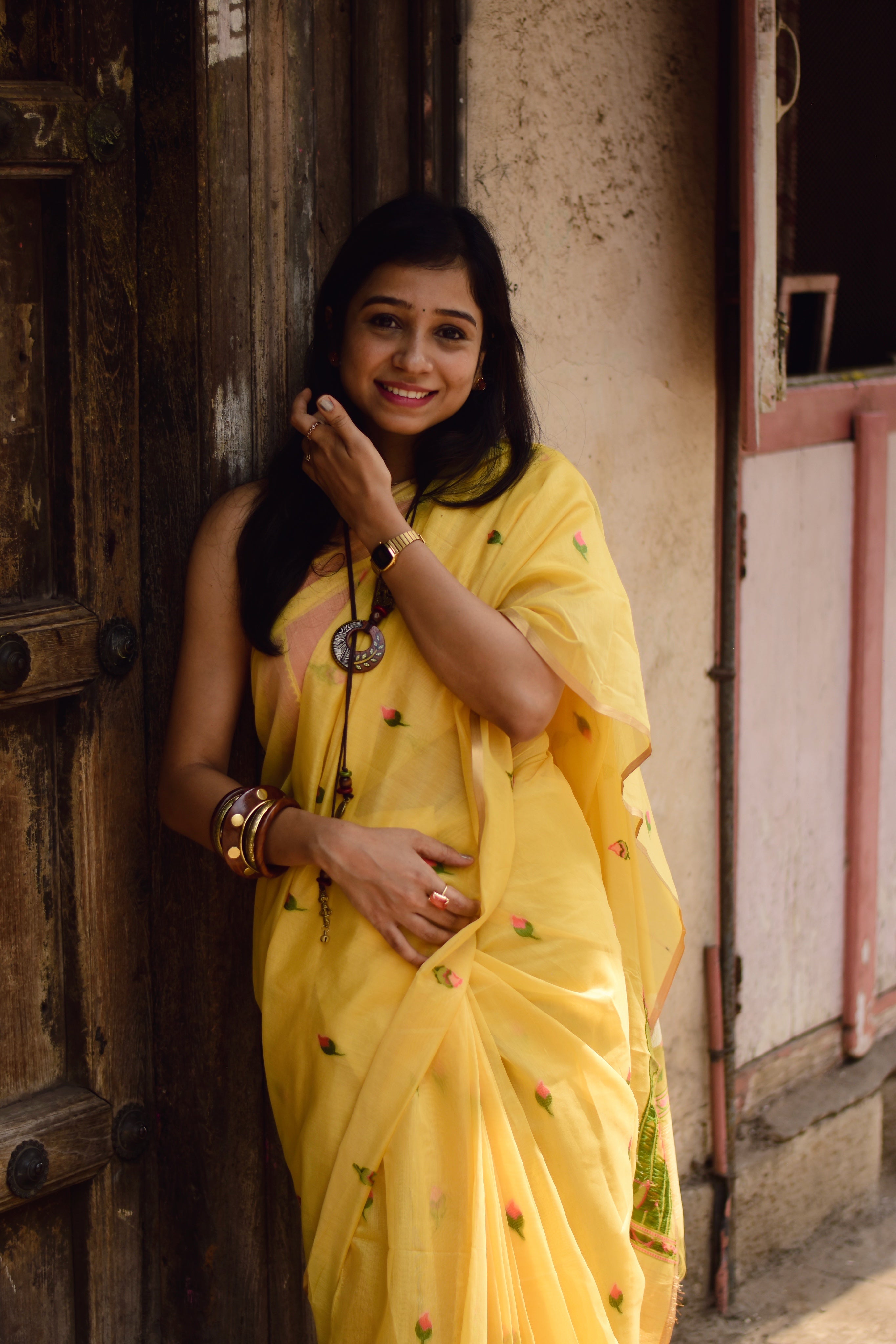 Buy MySilkLove Apricot Yellow Cotton Handloom Pichwai Saree Online