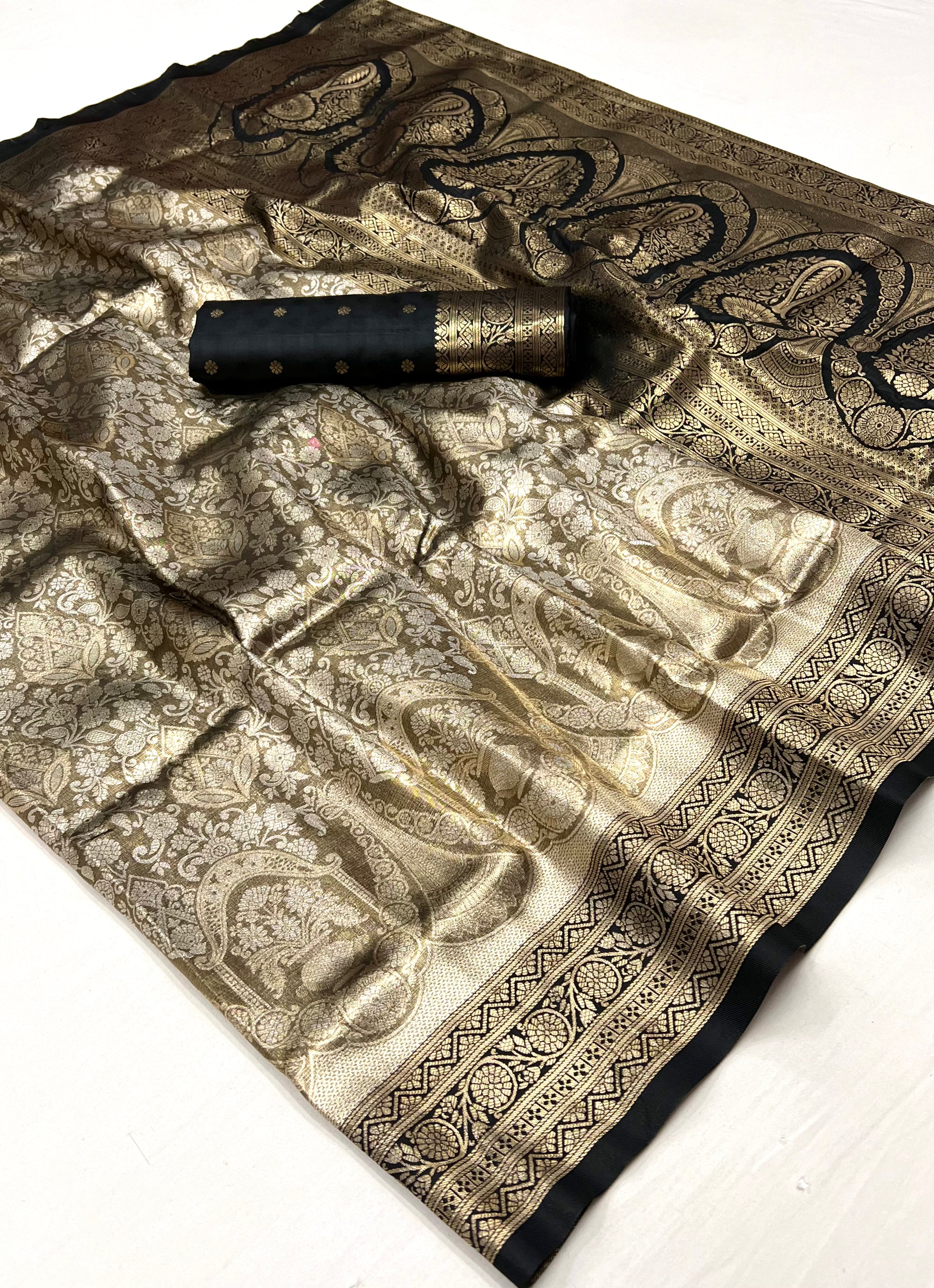 Buy MySilkLove Silver Black and Brown Woven Kanjivaram Silk Saree Online