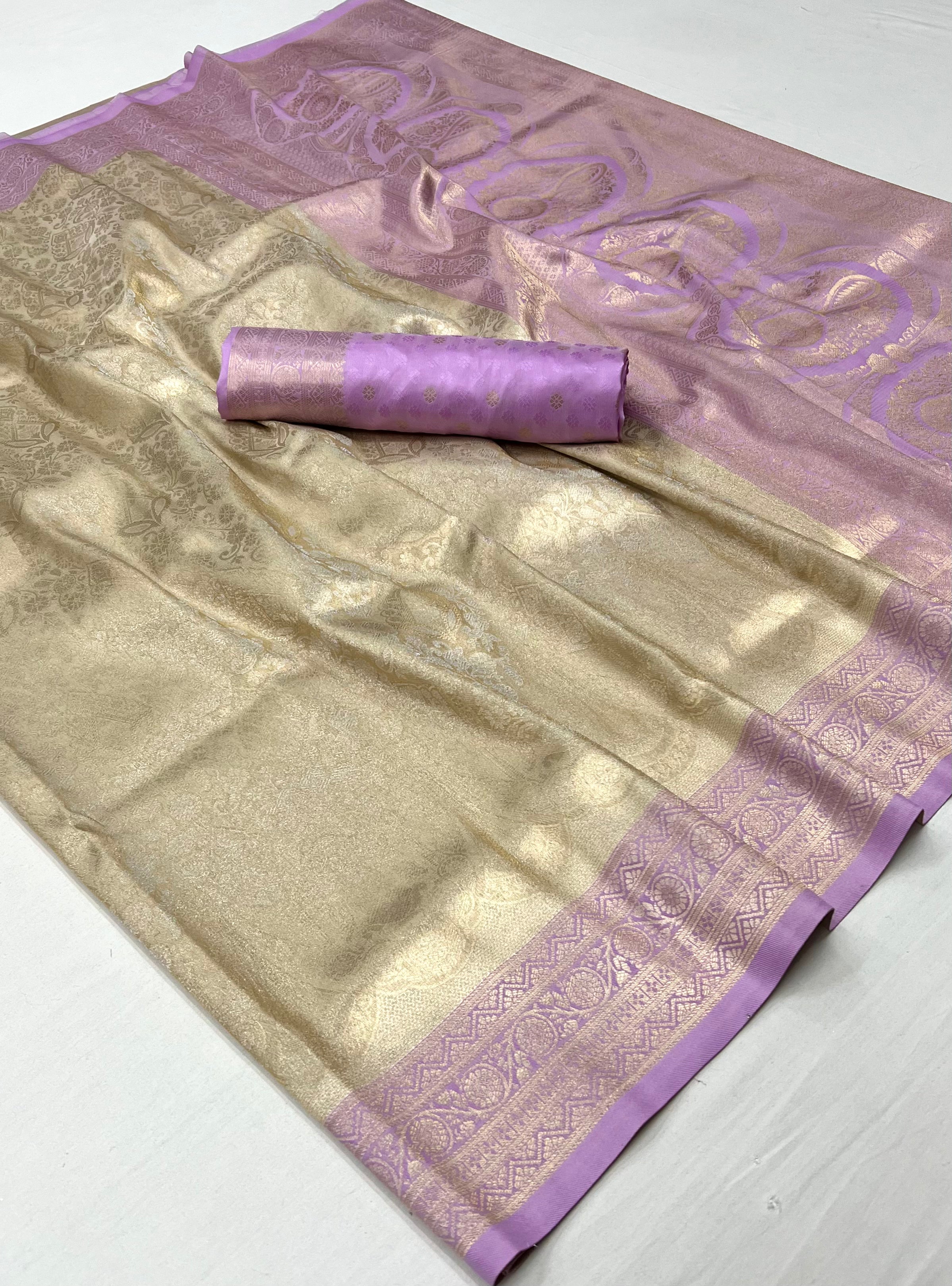 Buy MySilkLove Bone Cream and Lavender Woven Kanjivaram Silk Saree Online