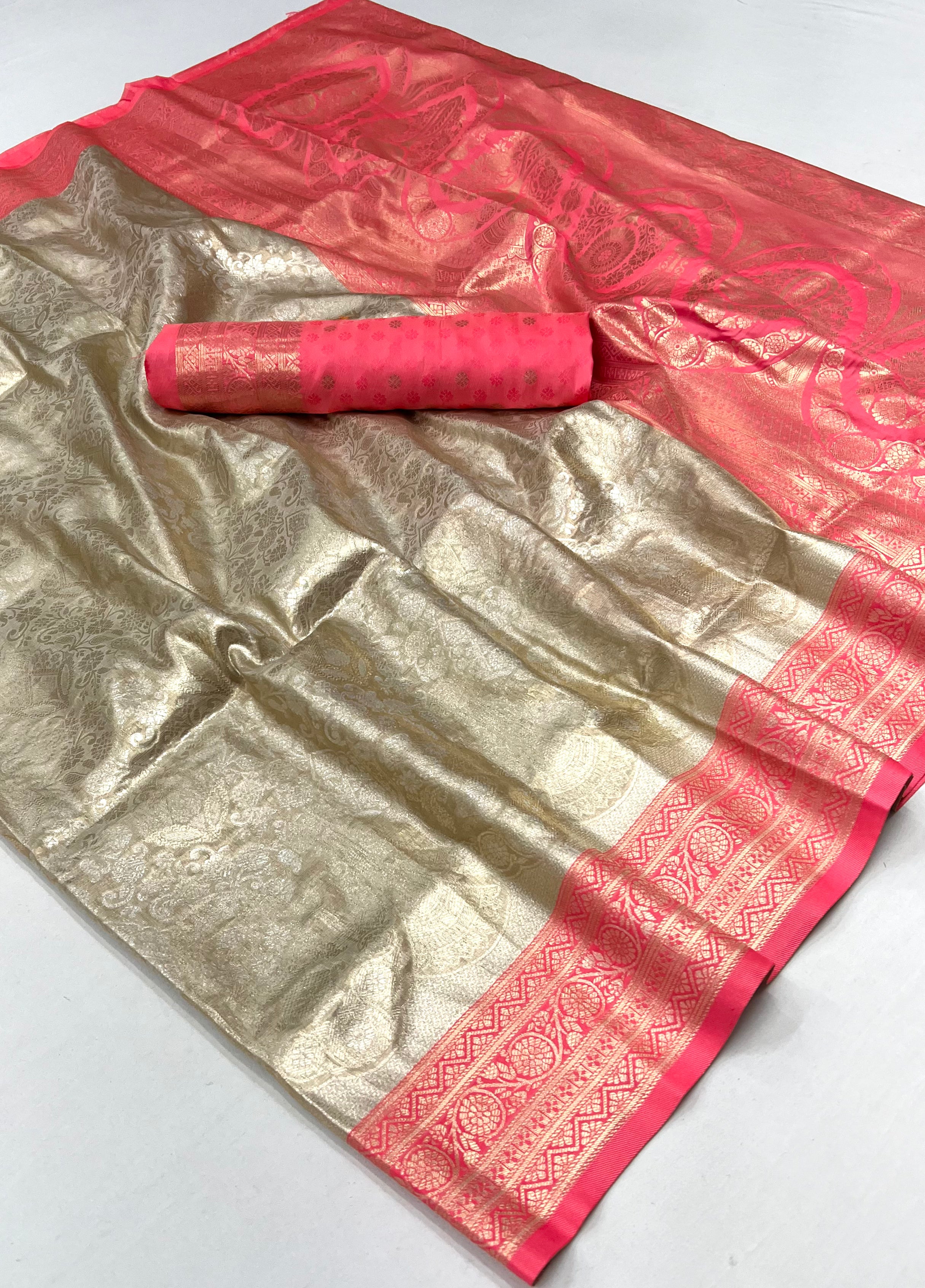 Buy MySilkLove Old Lace Pink and Cream Woven Kanjivaram Silk Saree Online