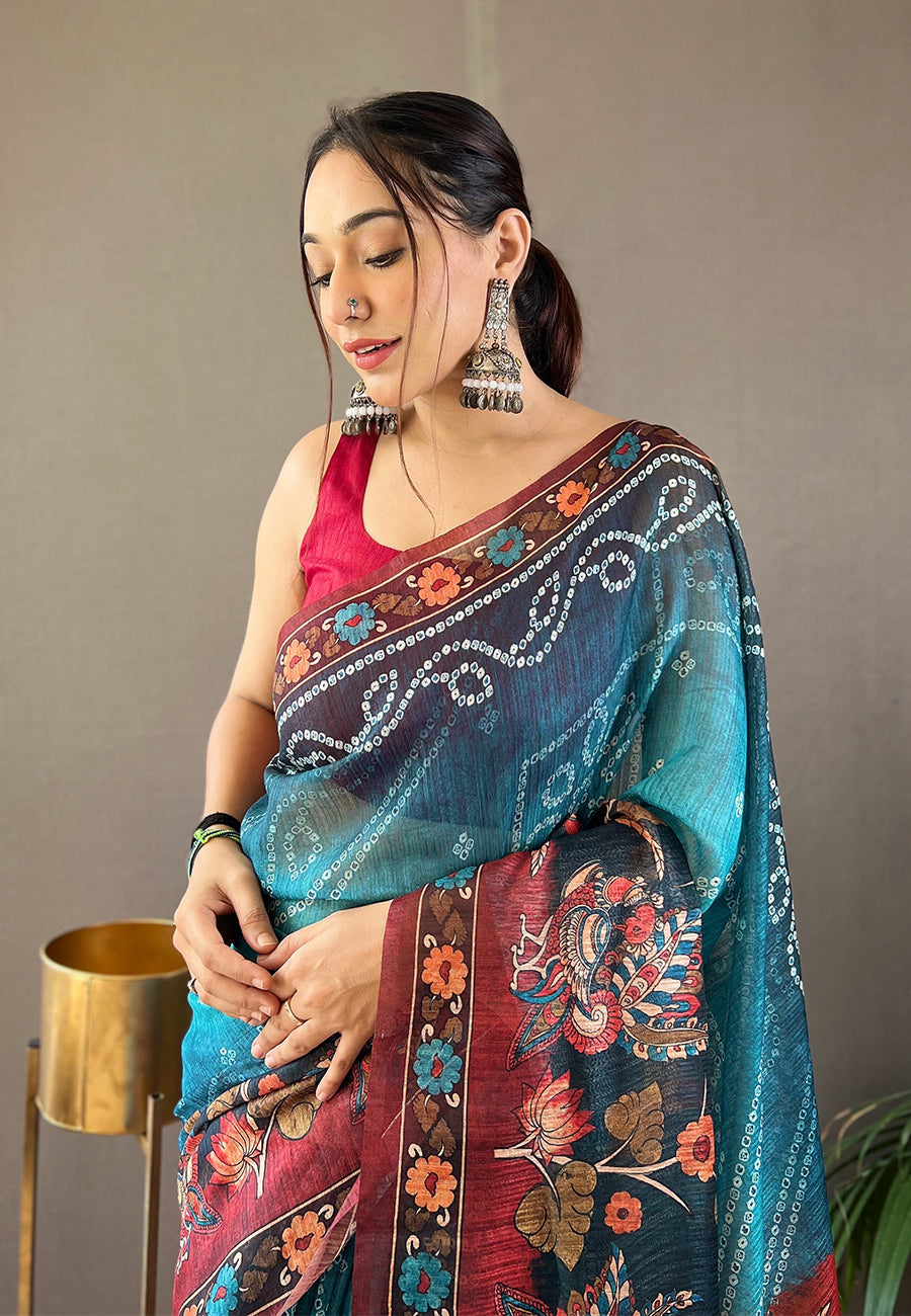 MySilkLove Eastern Blue Cotton Printed Kalamkari Saree