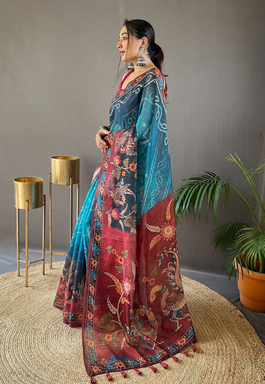 Buy MySilkLove Eastern Blue Cotton Printed Kalamkari Saree Online