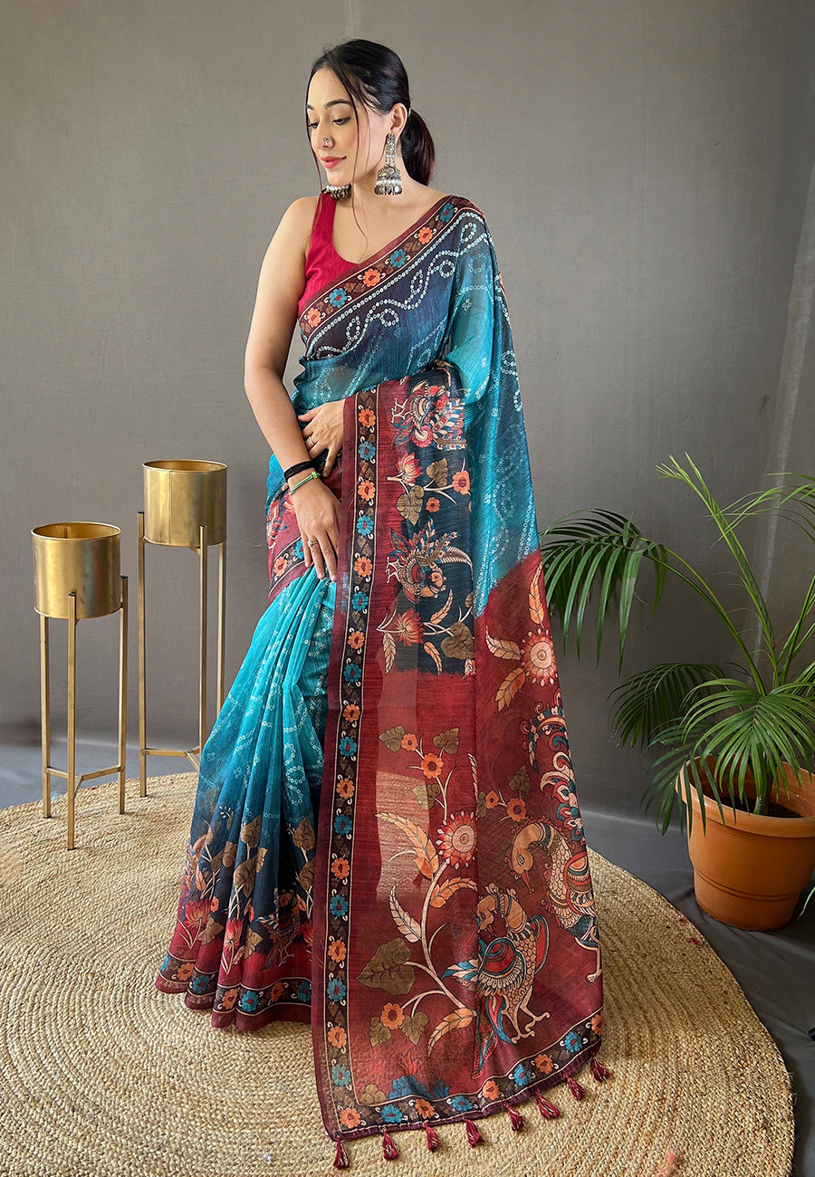 Buy MySilkLove Eastern Blue Cotton Printed Kalamkari Saree Online