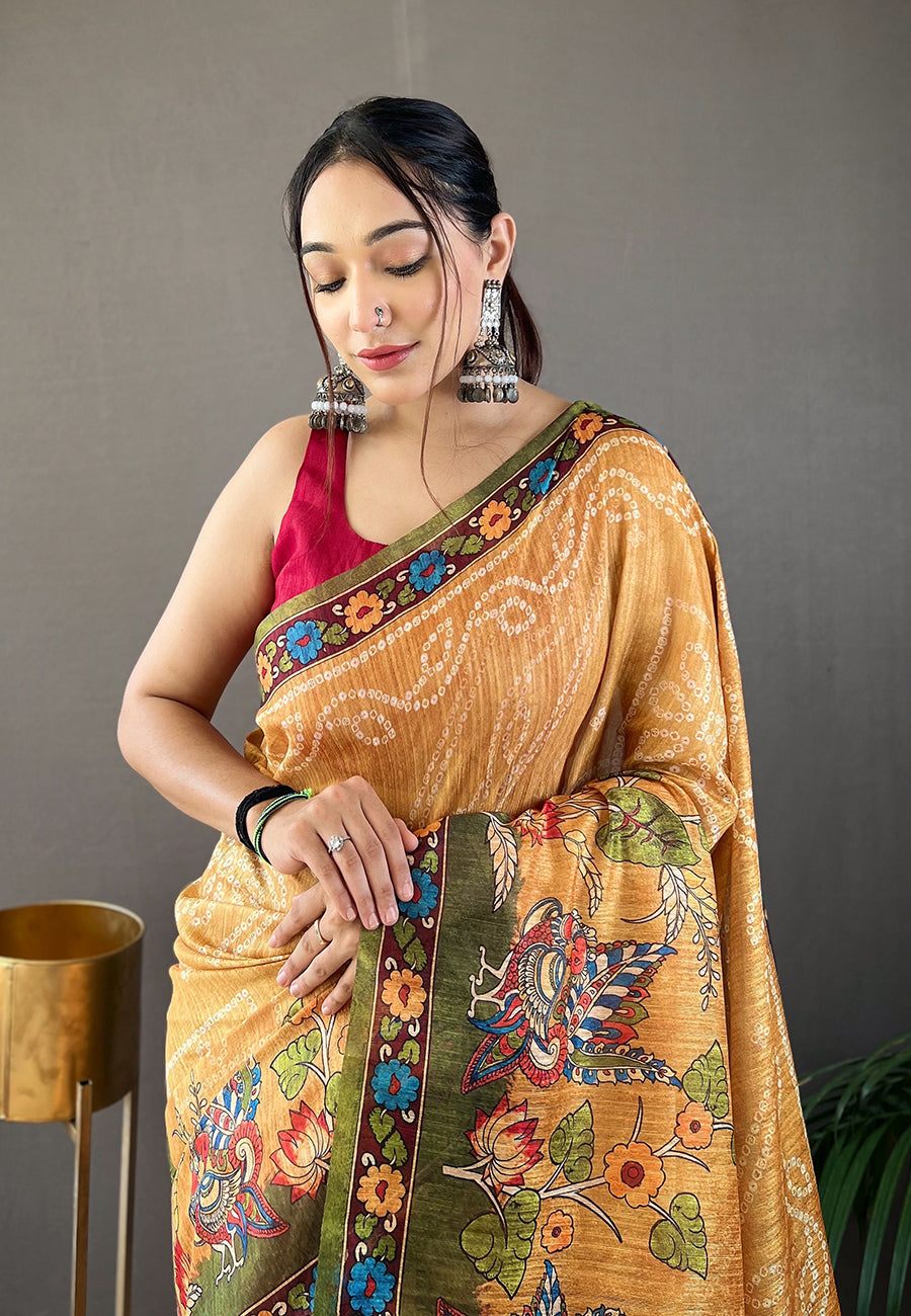 MySilkLove Apache Yellow Cotton Printed Kalamkari Saree